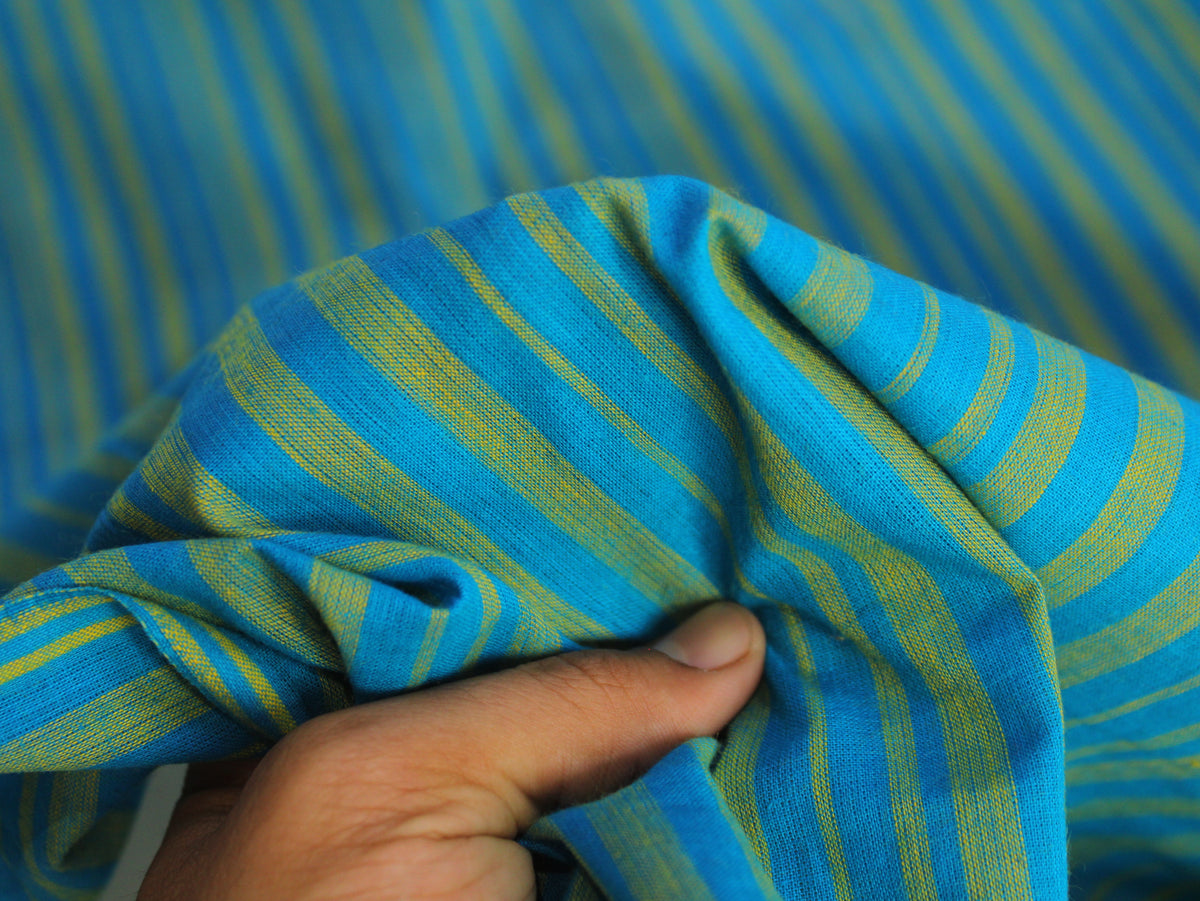 Pure Cotton Yarn-Dyed Handloom Grouped Stripe Fabric | Blue Green | 44 Inch | Non-Washed | 80 GSM