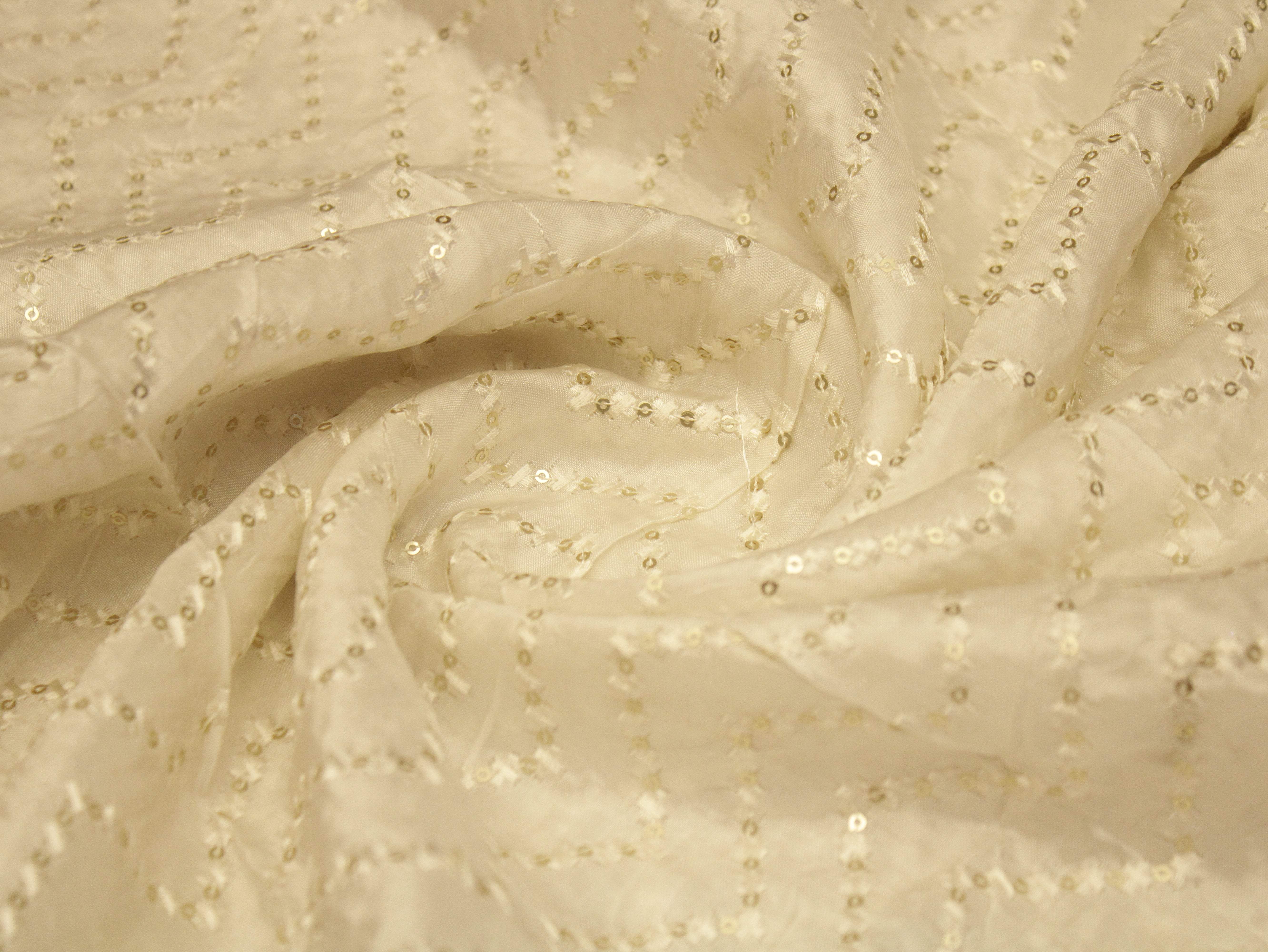 Sequin Upada Work Fabric - White Dyeable - M'Foks