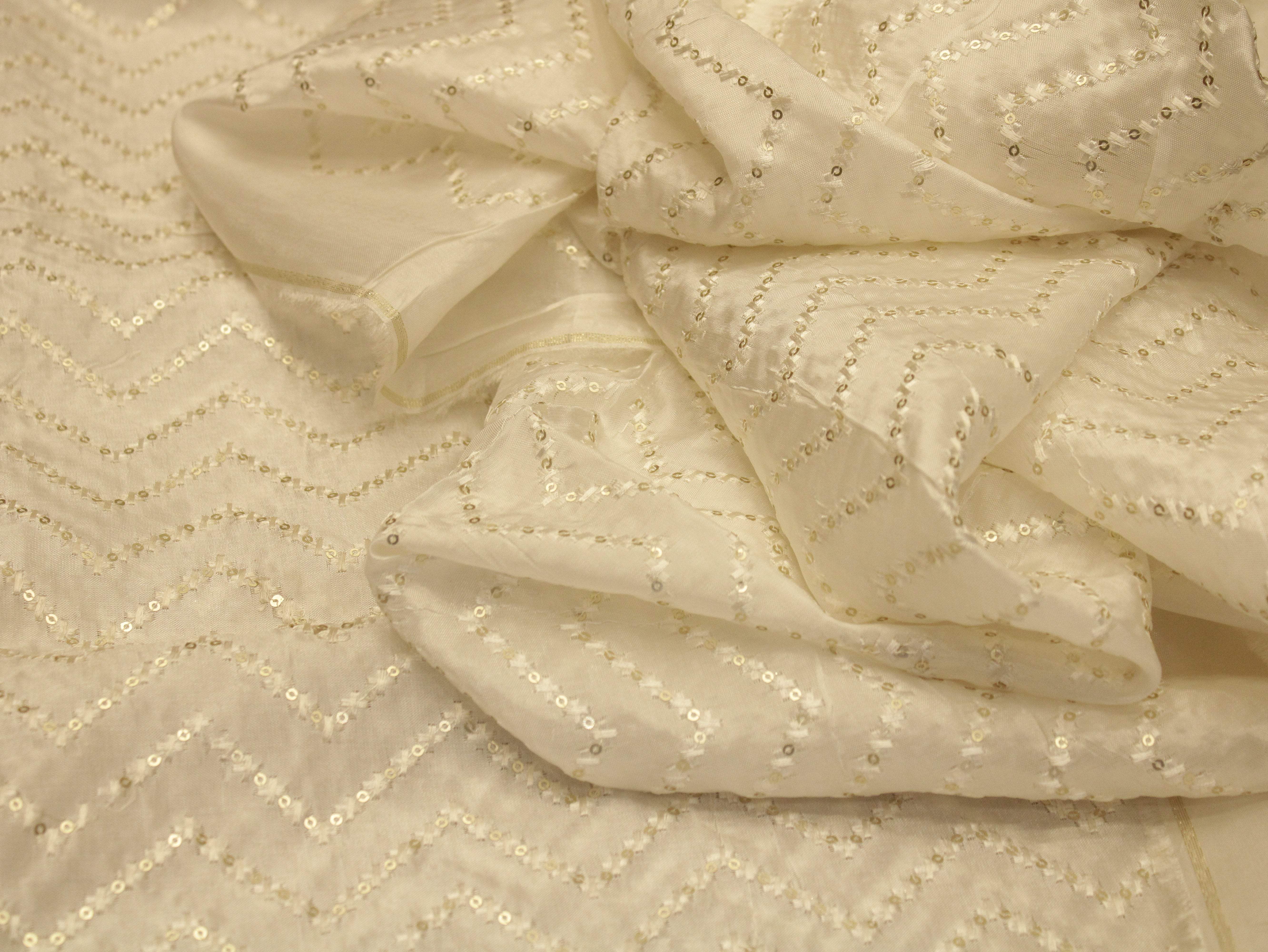 Sequin Upada Work Fabric - White Dyeable - M'Foks