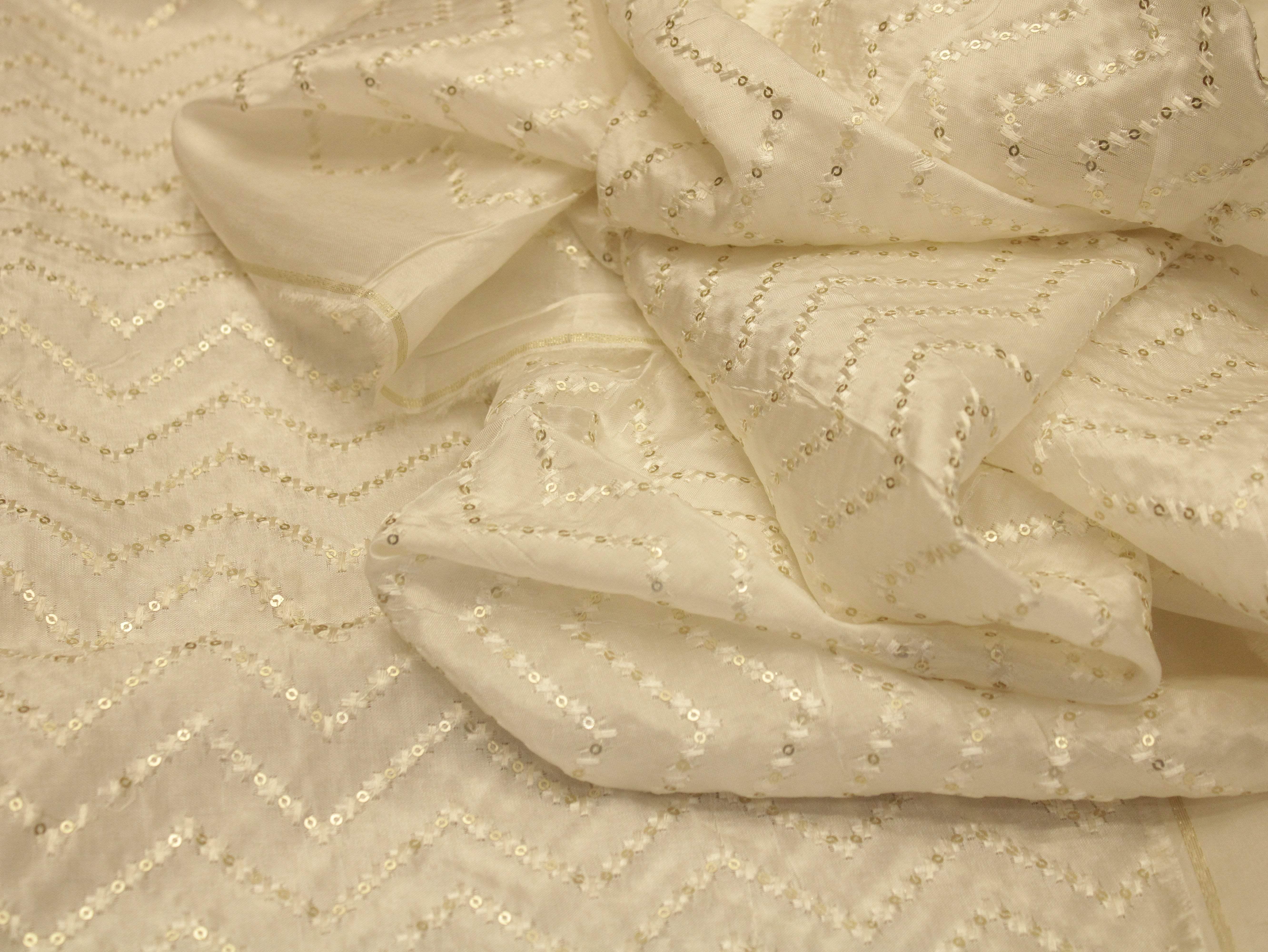 Sequin Upada Work Fabric - White Dyeable - M'Foks