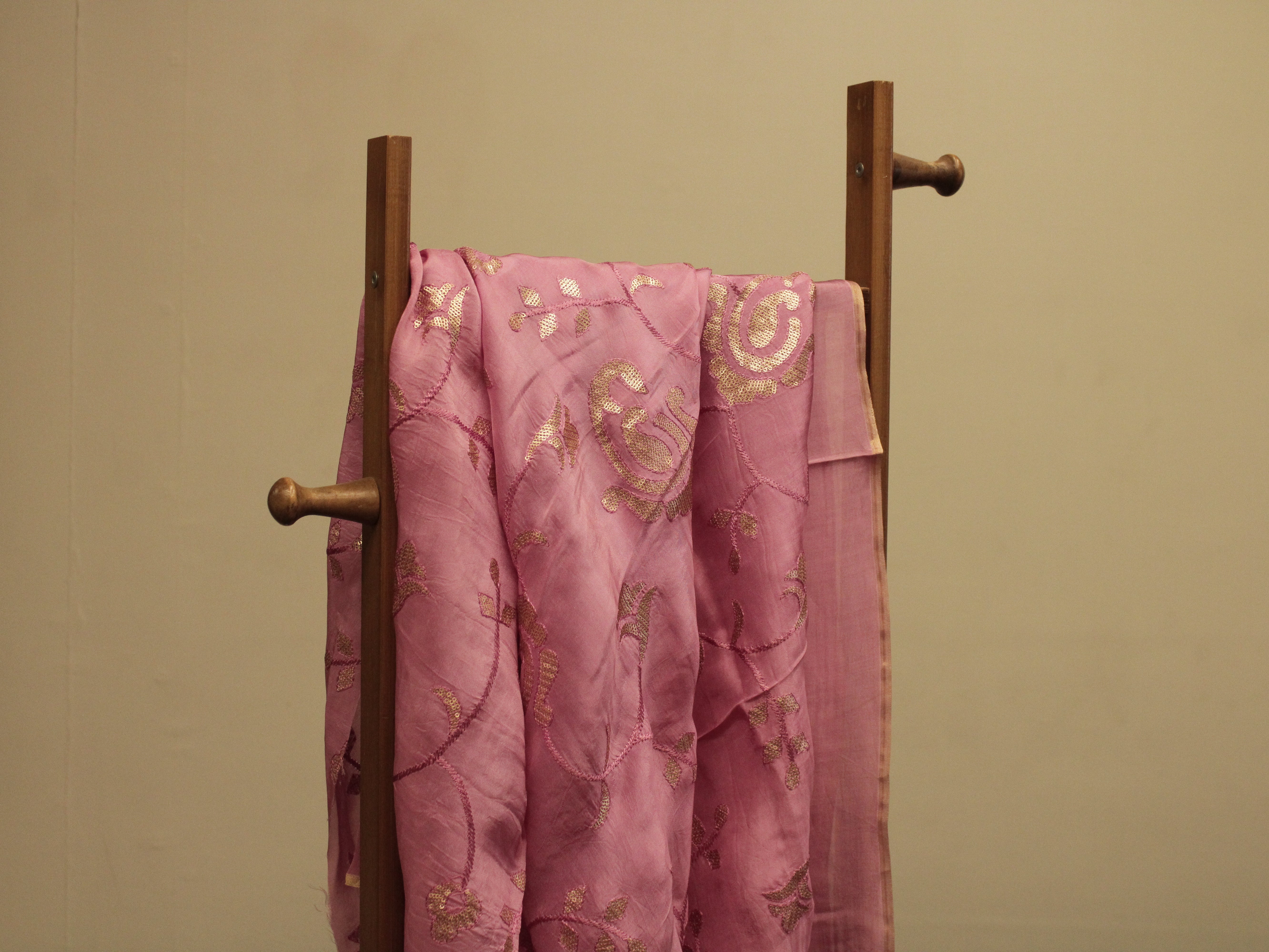 Micro Sequin Jaal Work Uppada Silk Fabric - Onion