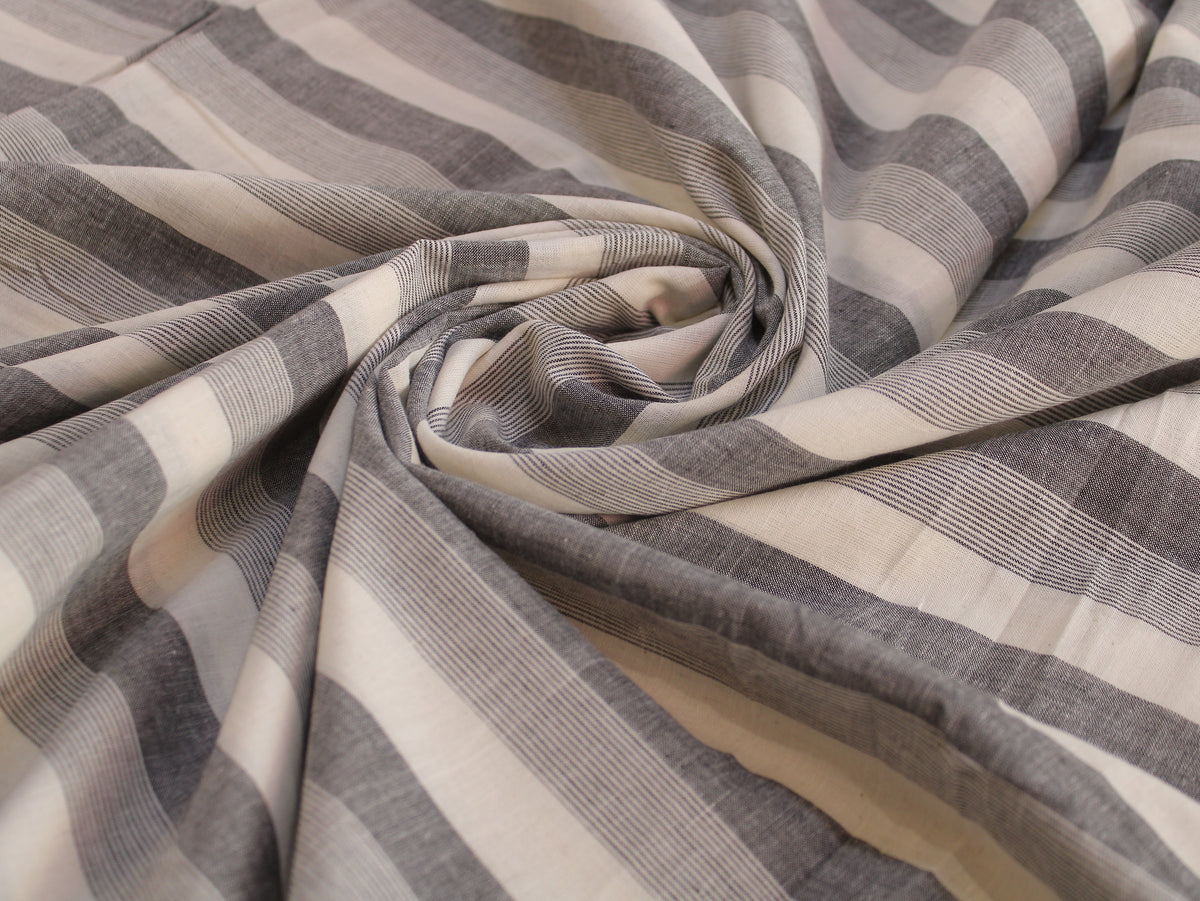 Pure Cotton Yarn-Dyed Handloom Stripe Fabric | White Grey | 44 Inch | Non-Washed | 80 GSM