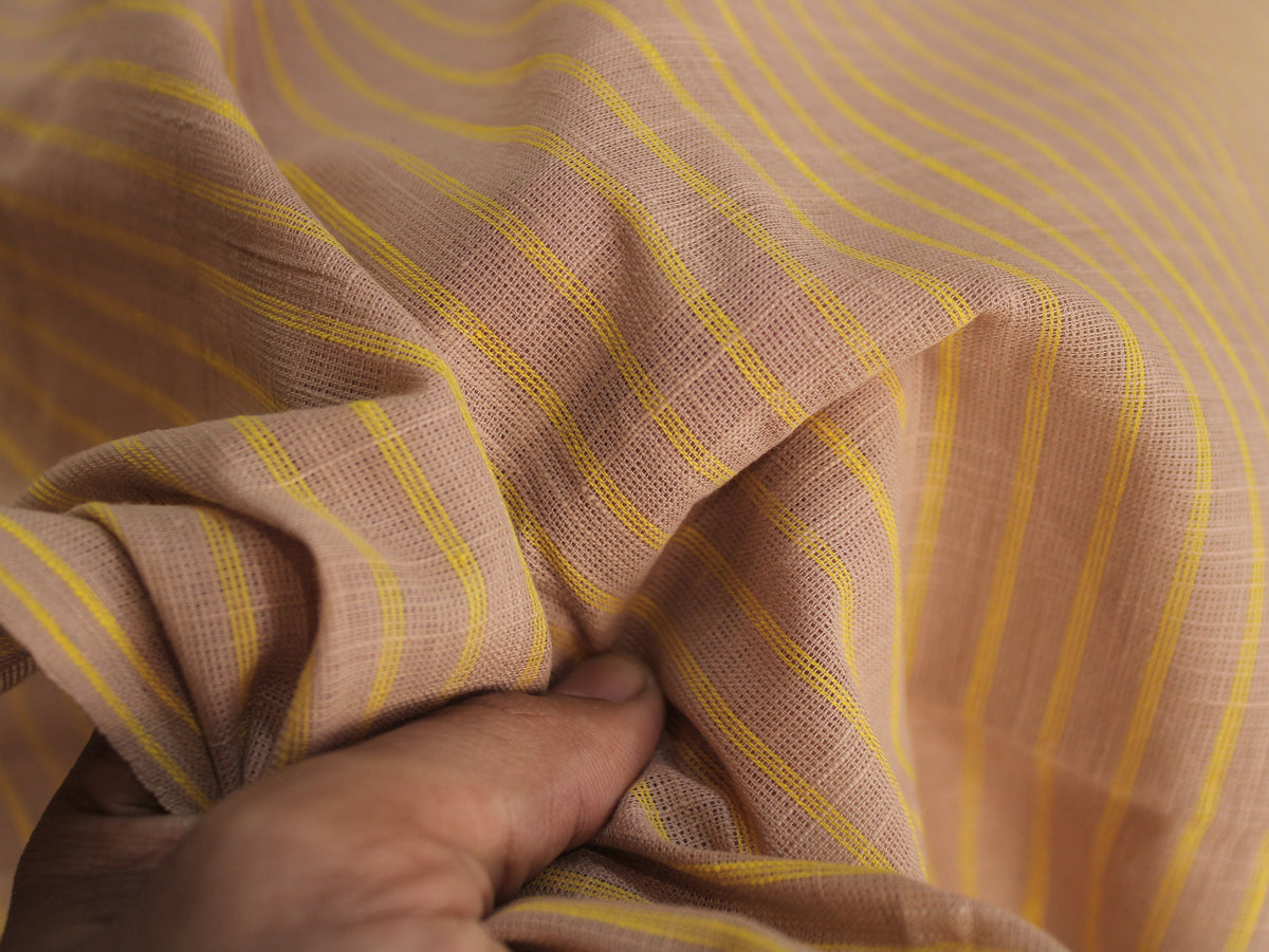 Pure Cotton Yarn-Dyed Handloom Fine Stripe Fabric | Tan Beige Yellow | 44 Inch | Non-Washed | 80 GSM