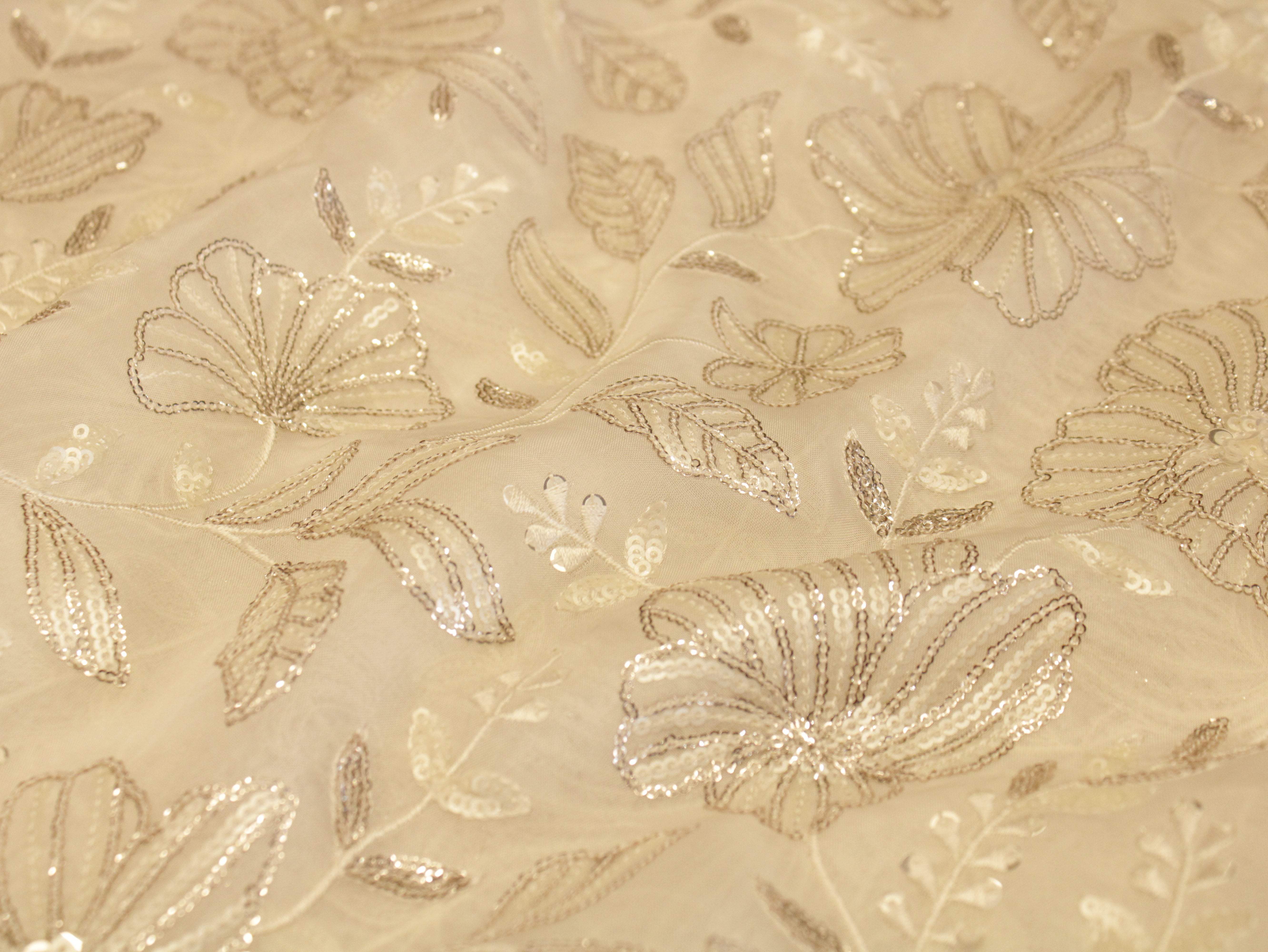 Premium Organza Fabric with Rich Floral Work - White Dyeable - M'Foks
