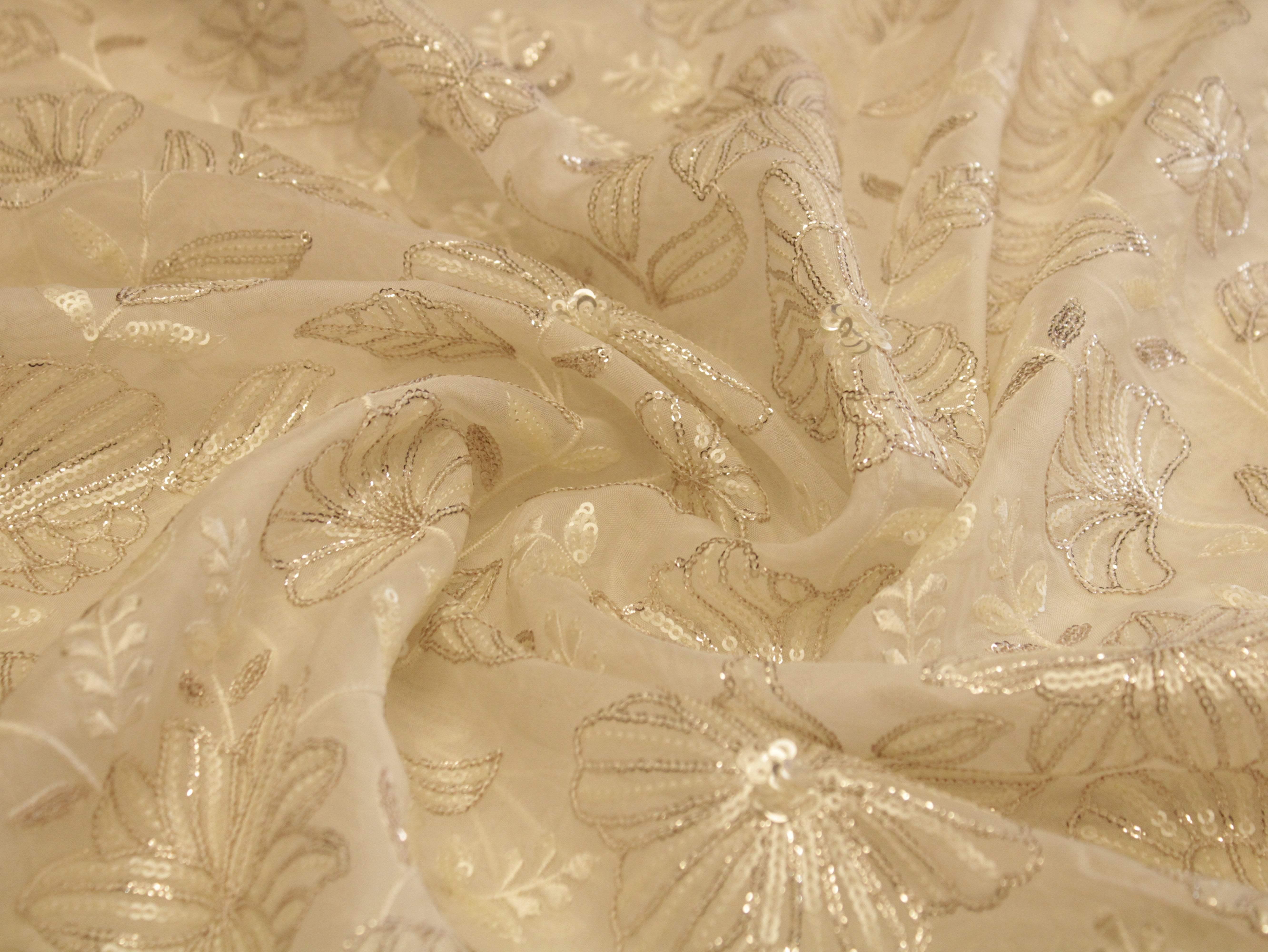 Premium Organza Fabric with Rich Floral Work - White Dyeable - M'Foks