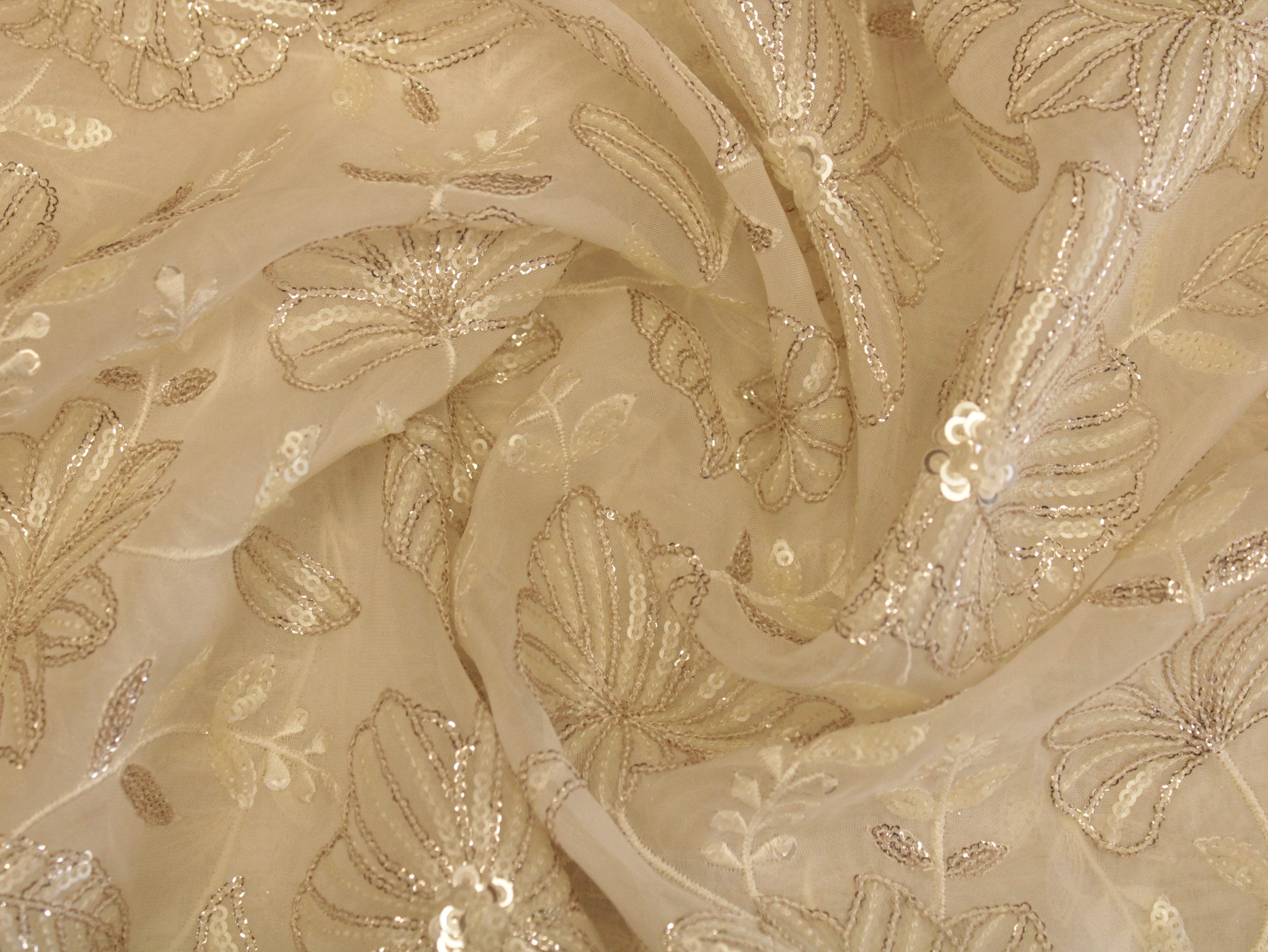 Premium Organza Fabric with Rich Floral Work - White Dyeable - M'Foks