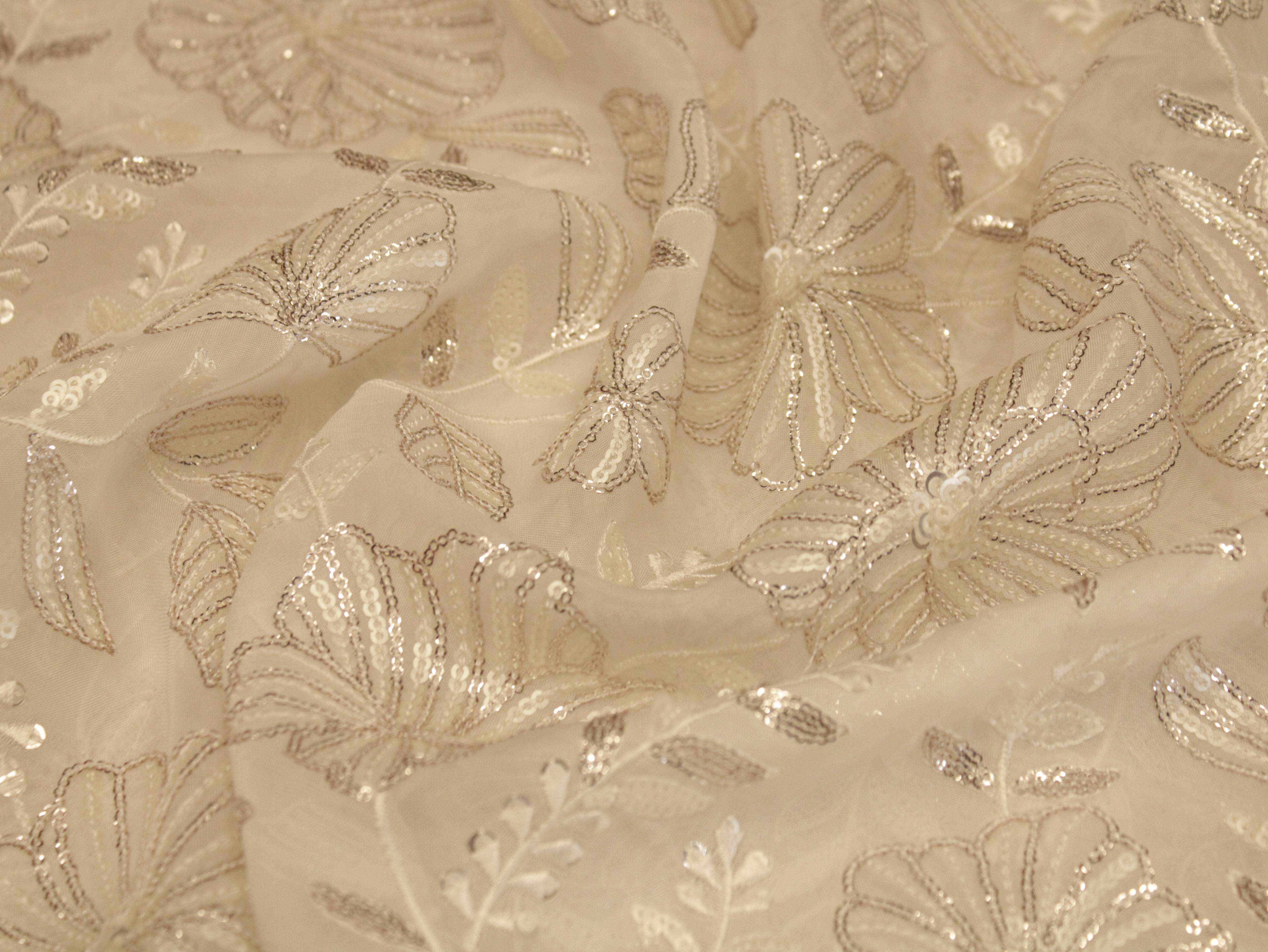 Premium Organza Fabric with Rich Floral Work - White Dyeable - M'Foks