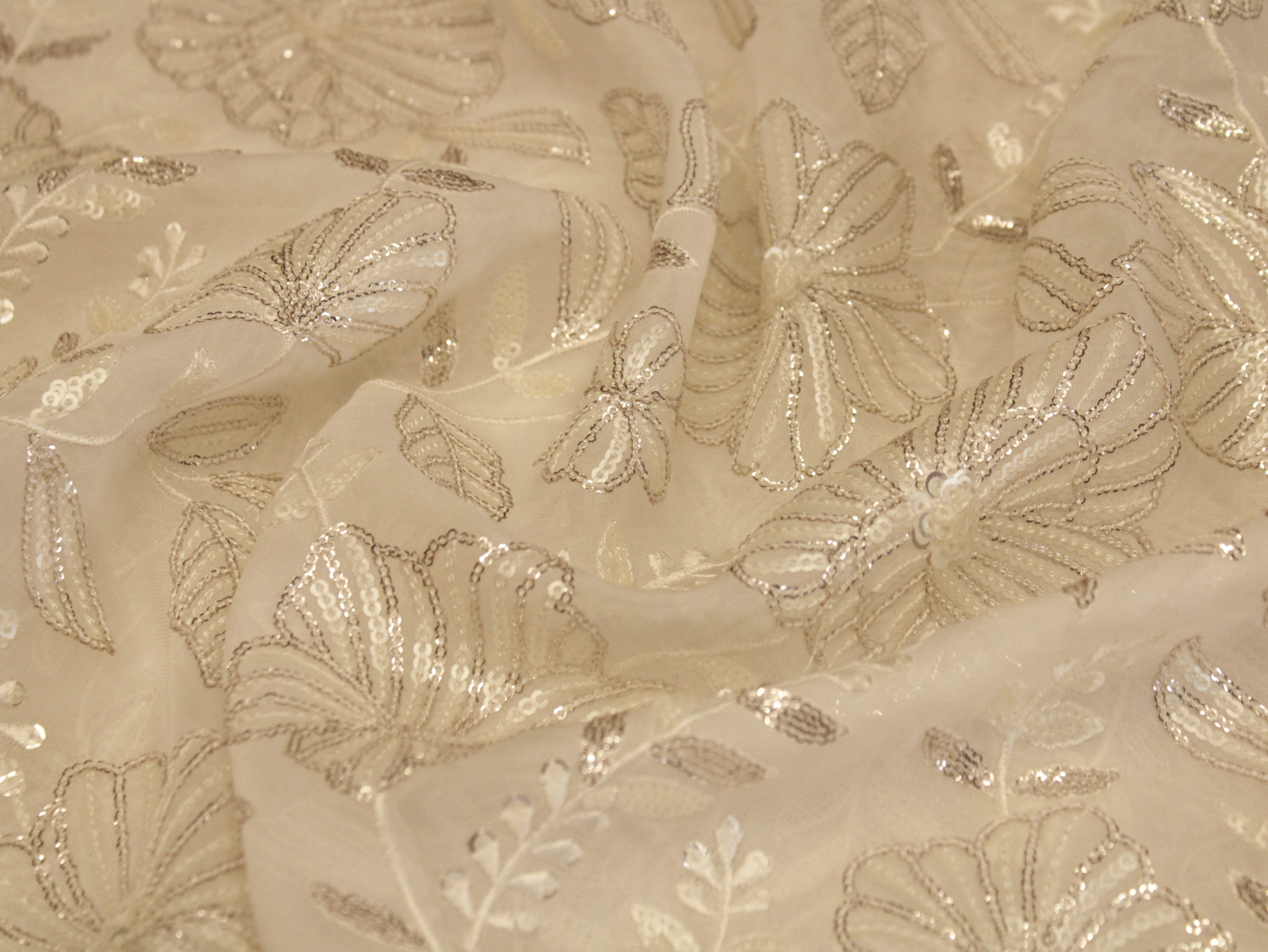 Premium Organza Fabric with Rich Floral Work - White Dyeable - M'Foks