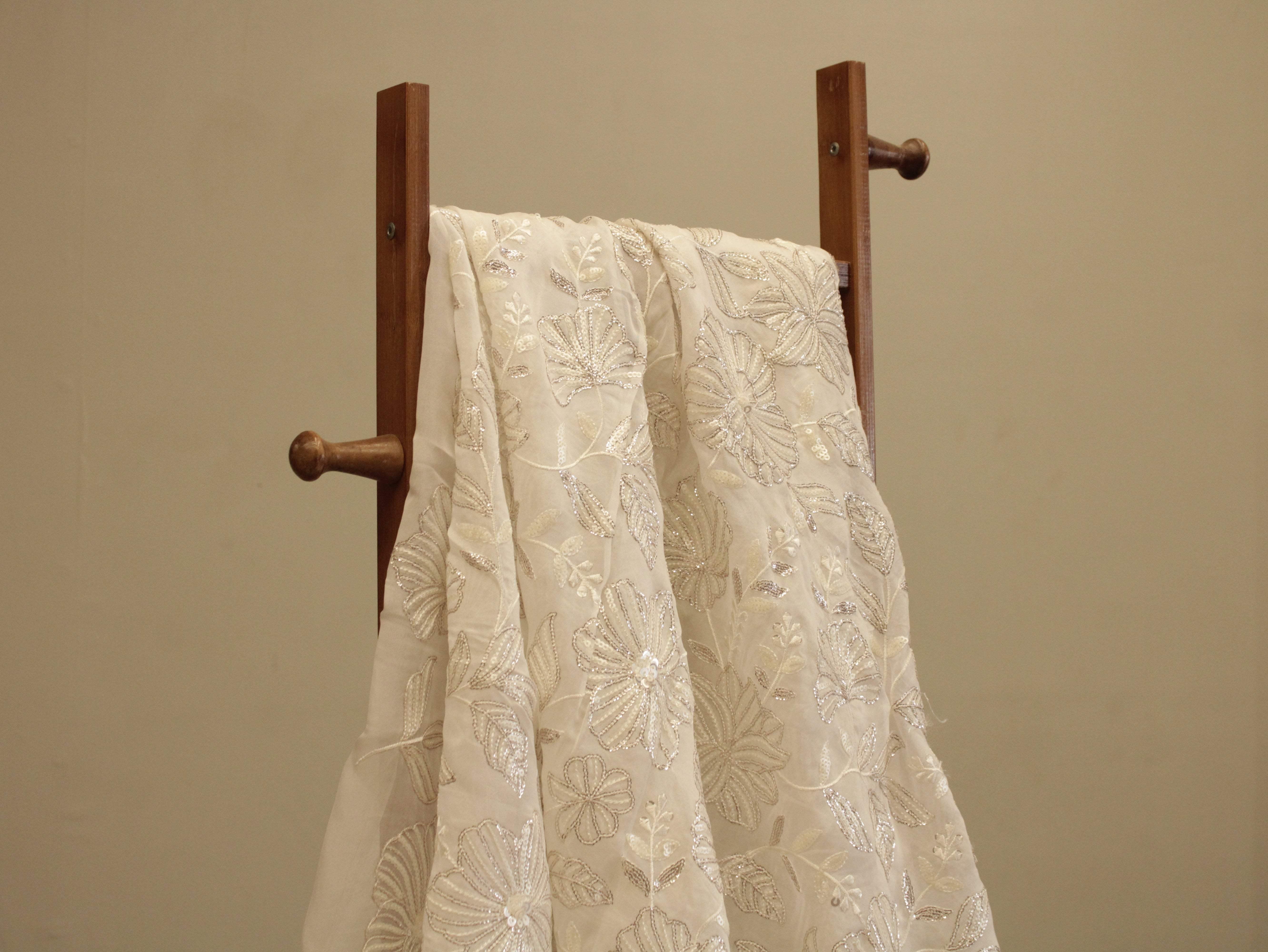 Premium Organza Fabric with Rich Floral Work - White Dyeable - M'Foks