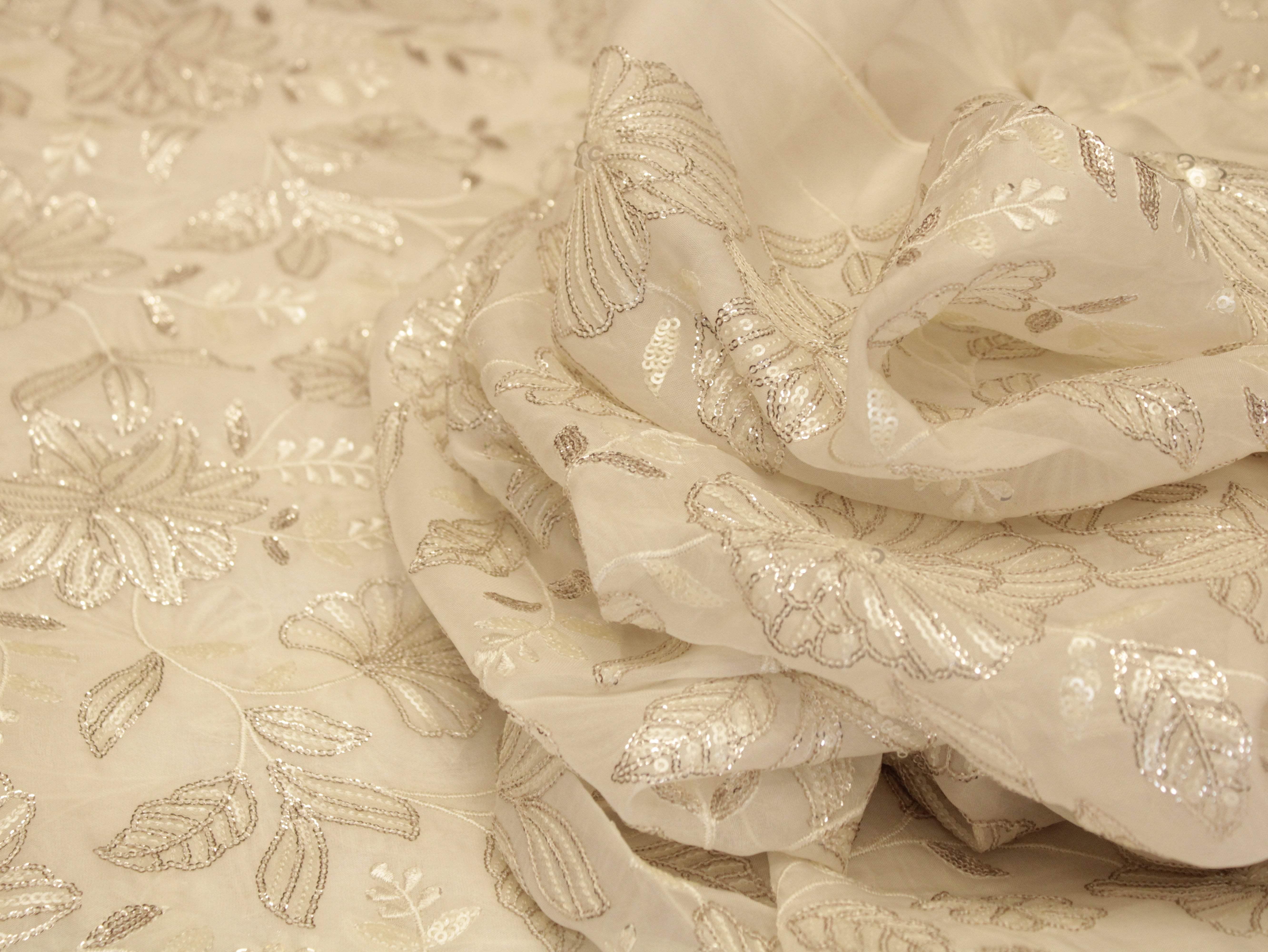 Premium Organza Fabric with Rich Floral Work - White Dyeable - M'Foks