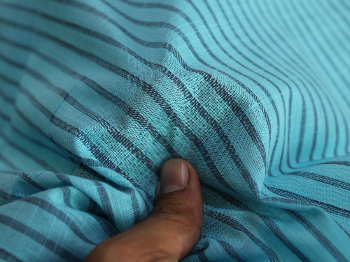 Pure Cotton Yarn-Dyed Handloom Fine Stripe Fabric | Aqua Blue Navy | 44 Inch | Non-Washed | 80 GSM