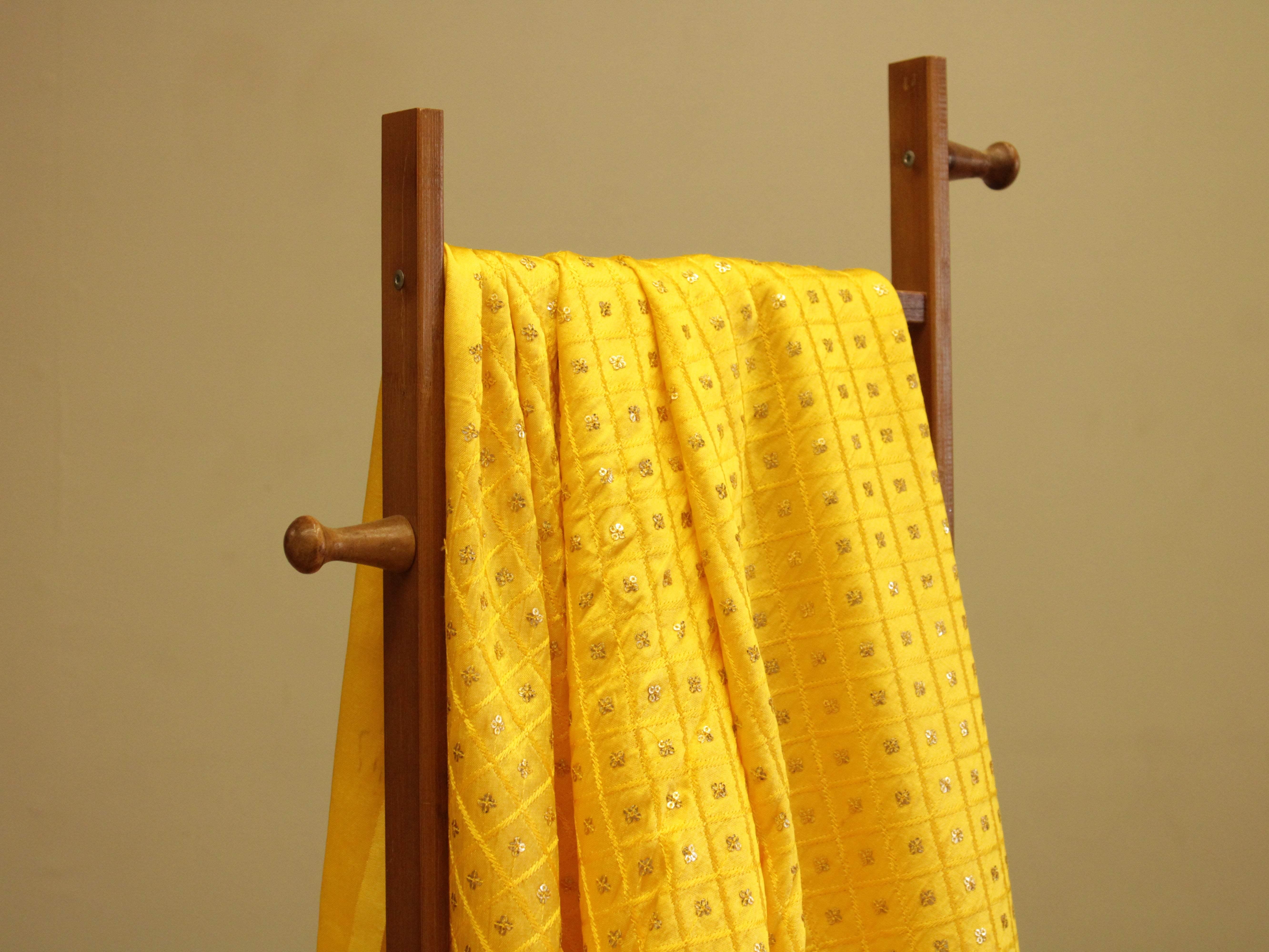 Gaji Silk Sequin Work Fabric - Yellow - M'Foks