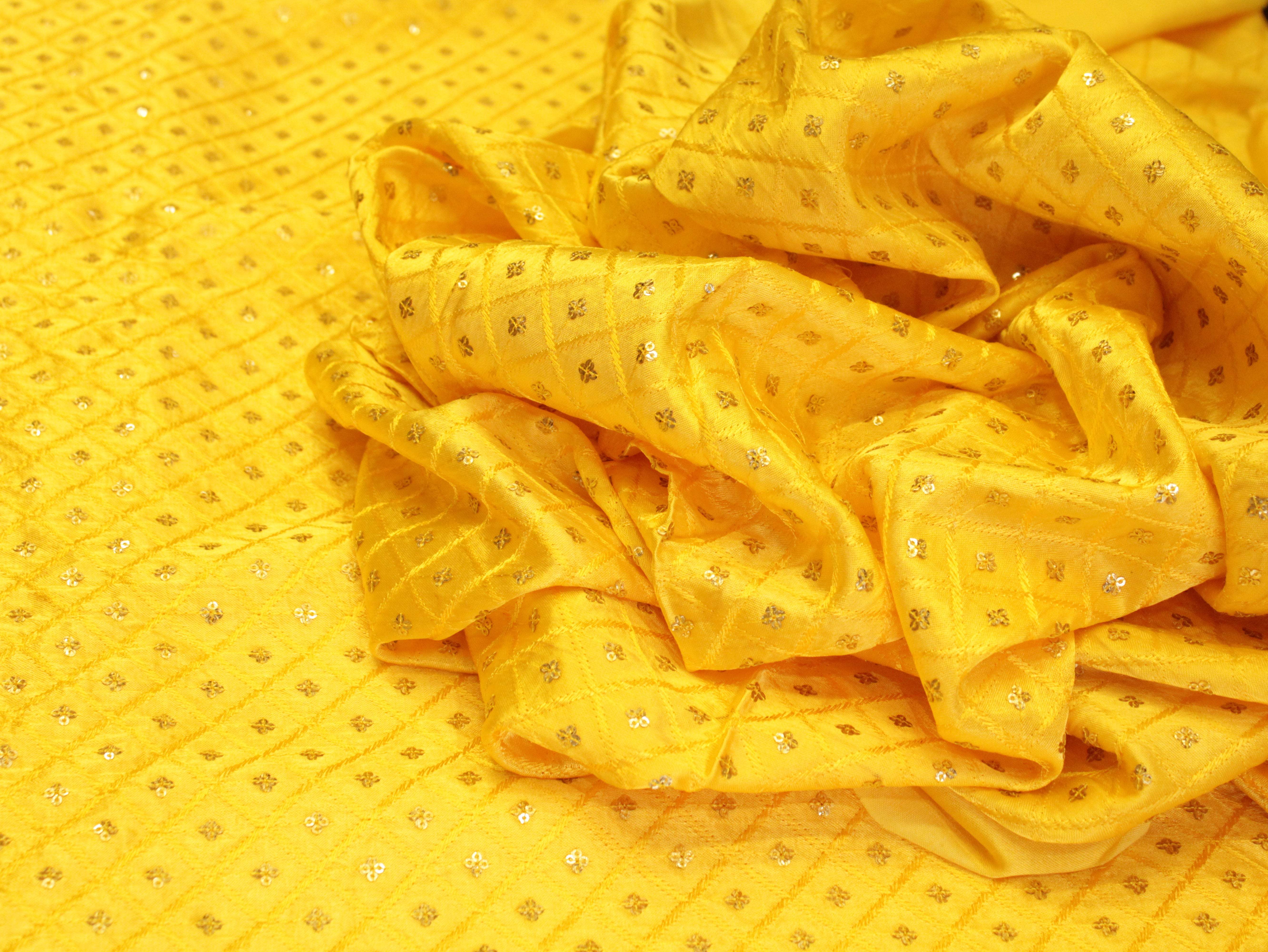 Gaji Silk Sequin Work Fabric - Yellow - M'Foks