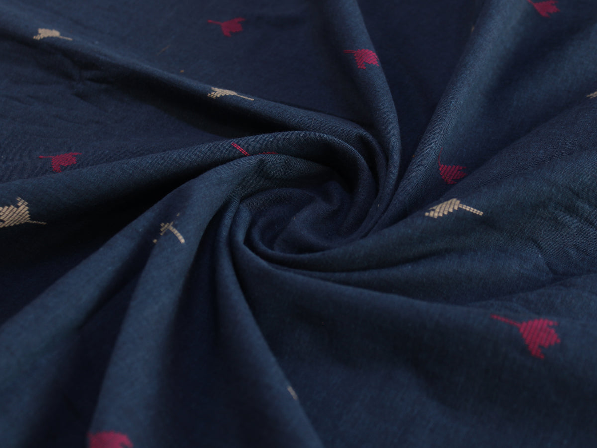 Cotton Handloom Jamdani Jacquard Fabric | Navy Blue Pink White | 44 Inch | Washed Zero Finish | 80 GSM