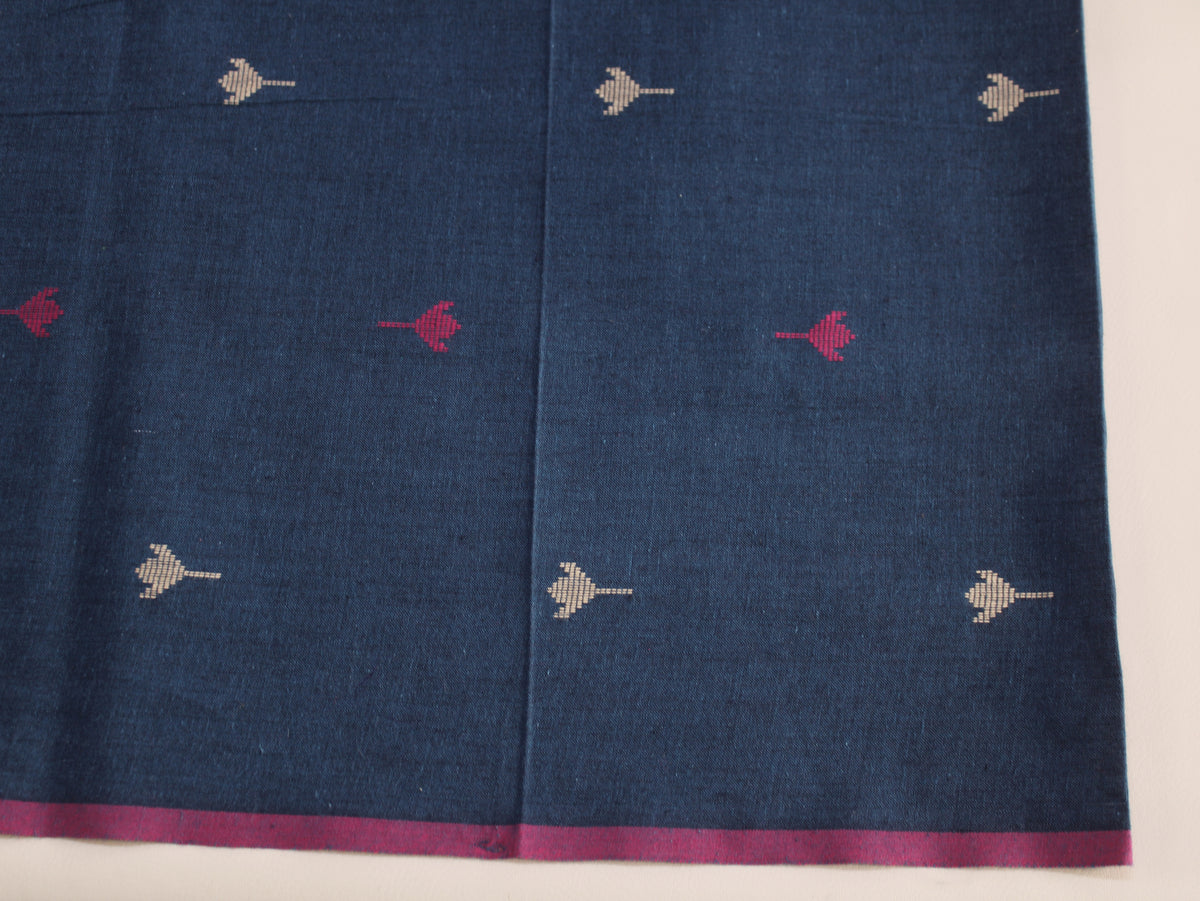 Cotton Handloom Jamdani Jacquard Fabric | Navy Blue Pink White | 44 Inch | Washed Zero Finish | 80 GSM