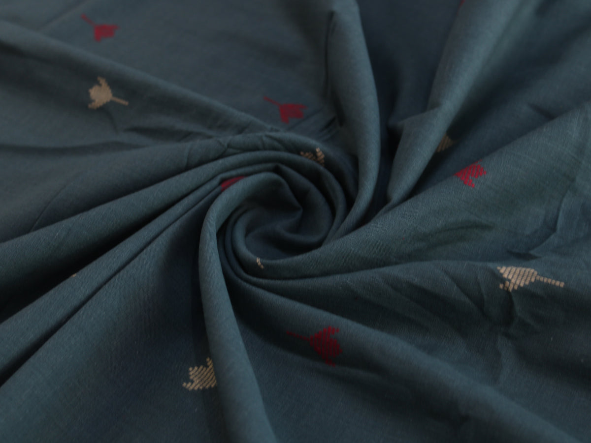 Cotton Handloom Jamdani Jacquard Fabric | Teal Red White | 44 Inch | Washed Zero Finish | 80 GSM