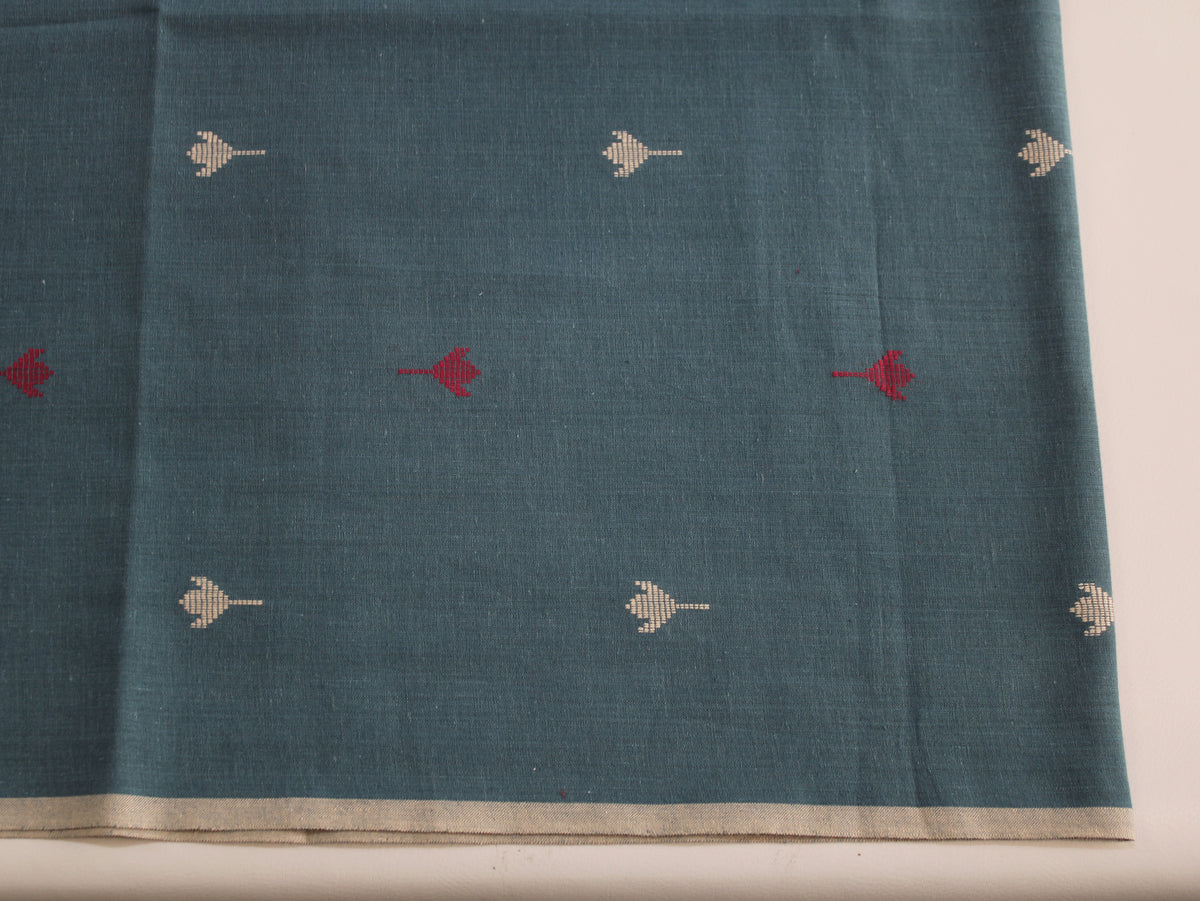 Cotton Handloom Jamdani Jacquard Fabric | Teal Red White | 44 Inch | Washed Zero Finish | 80 GSM