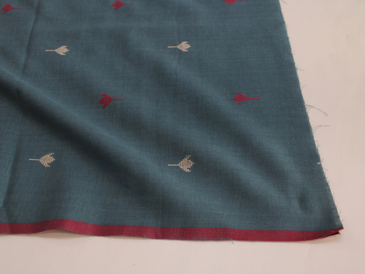 Cotton Handloom Jamdani Jacquard Fabric | Teal Red White | 44 Inch | Washed Zero Finish | 80 GSM