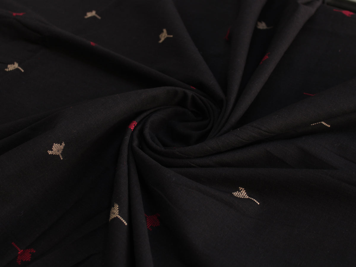 Cotton Handloom Jamdani Jacquard Fabric | Black Red White | 44 Inch | Washed Zero Finish | 80 GSM
