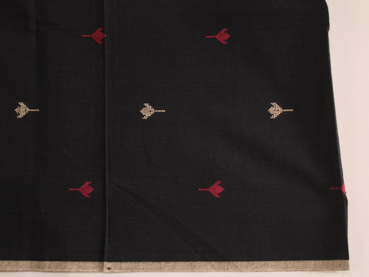 Cotton Handloom Jamdani Jacquard Fabric | Black Red White | 44 Inch | Washed Zero Finish | 80 GSM