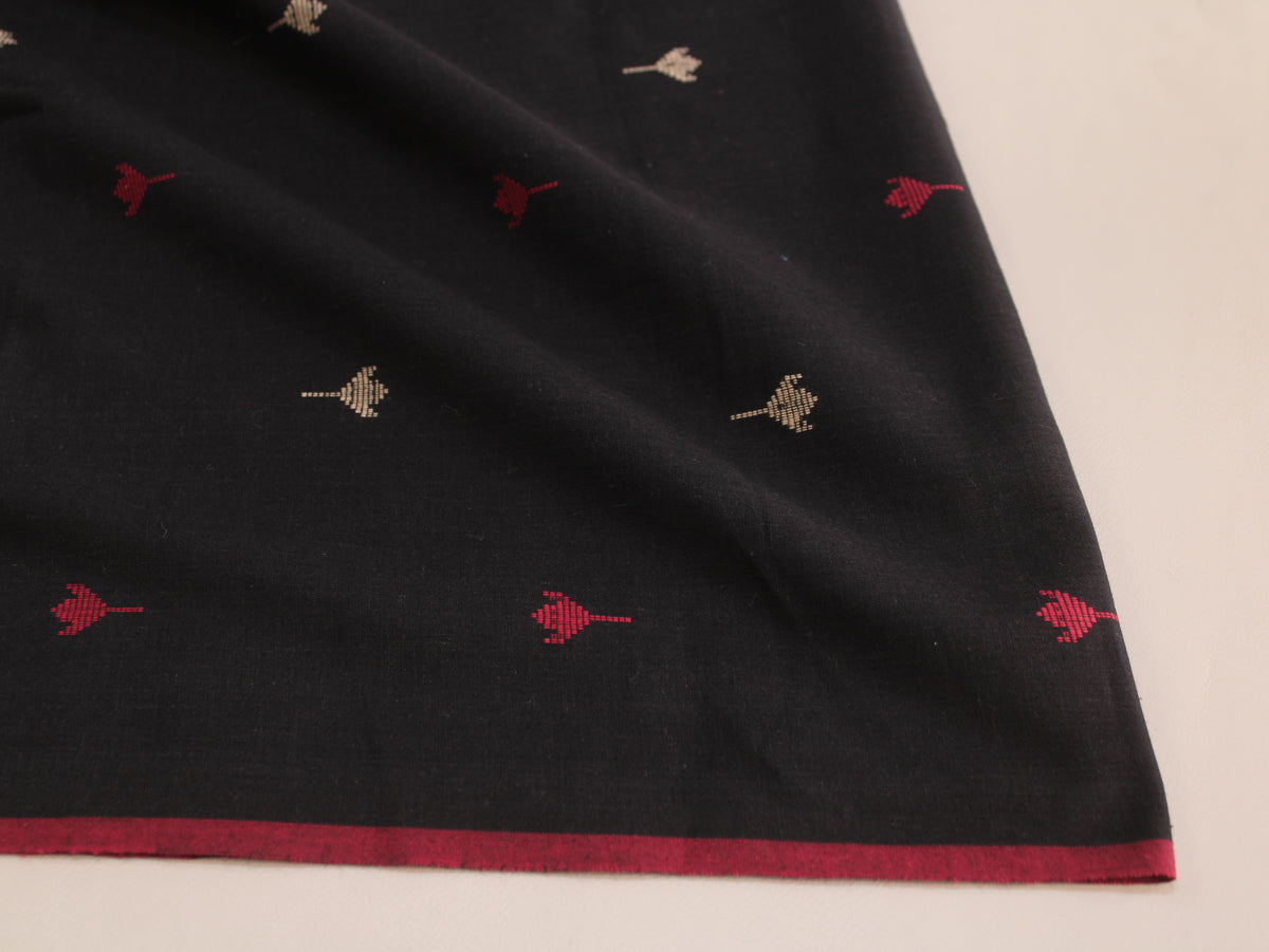 Cotton Handloom Jamdani Jacquard Fabric | Black Red White | 44 Inch | Washed Zero Finish | 80 GSM