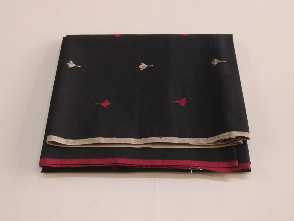 Cotton Handloom Jamdani Jacquard Fabric | Black Red White | 44 Inch | Washed Zero Finish | 80 GSM