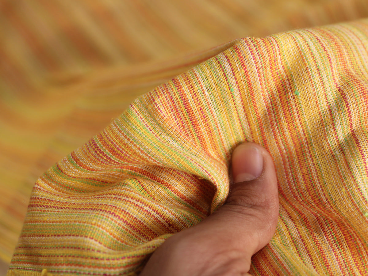 Pure Cotton Handloom Fine Stripe Fabric | Yellow Orange Green | 44 Inch