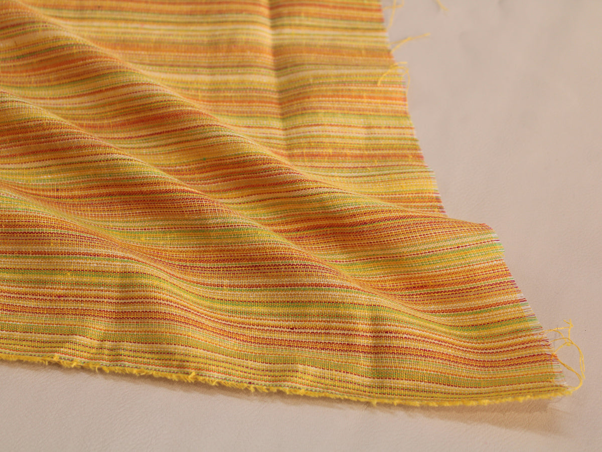 Pure Cotton Handloom Fine Stripe Fabric | Yellow Orange Green | 44 Inch
