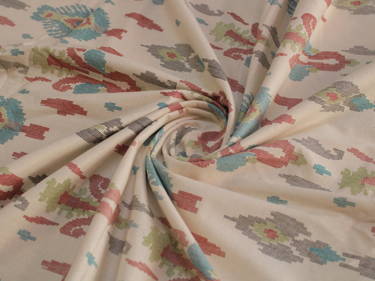 Pure Cotton Flex Uzbek Ikat Print Fabric | Cream Multicolour | 44 Inch
