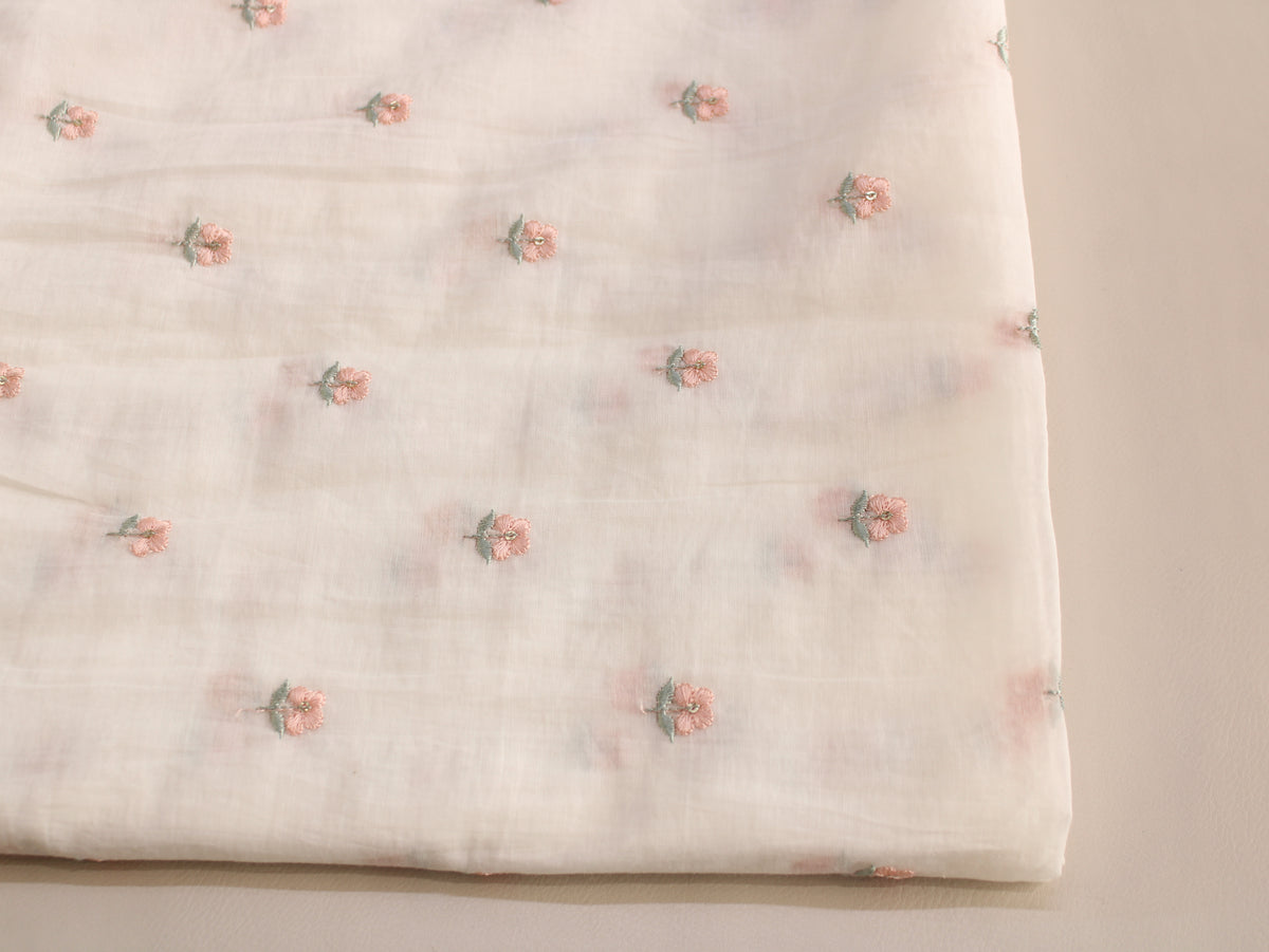 Mal Chanderi Embroidered Fabric | Cream Pink | 44 Inch