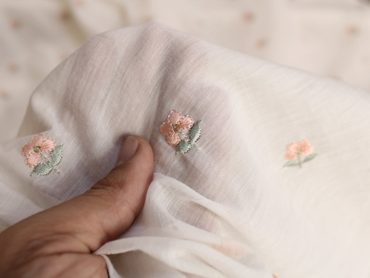 Mal Chanderi Embroidered Fabric | Cream Pink | 44 Inch