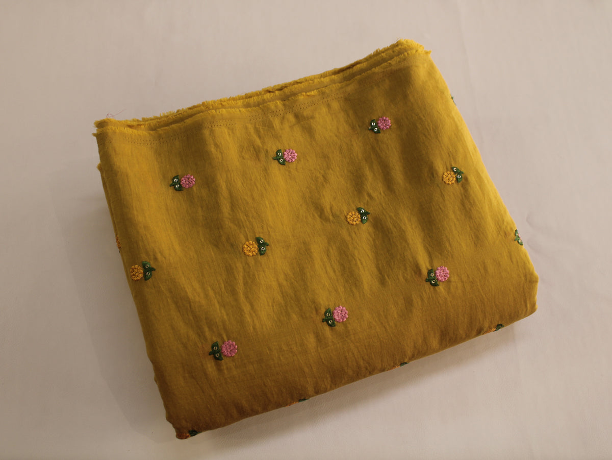 Mal Chanderi Embroidered Fabric | Mustard Pink Yellow | 44 Inch