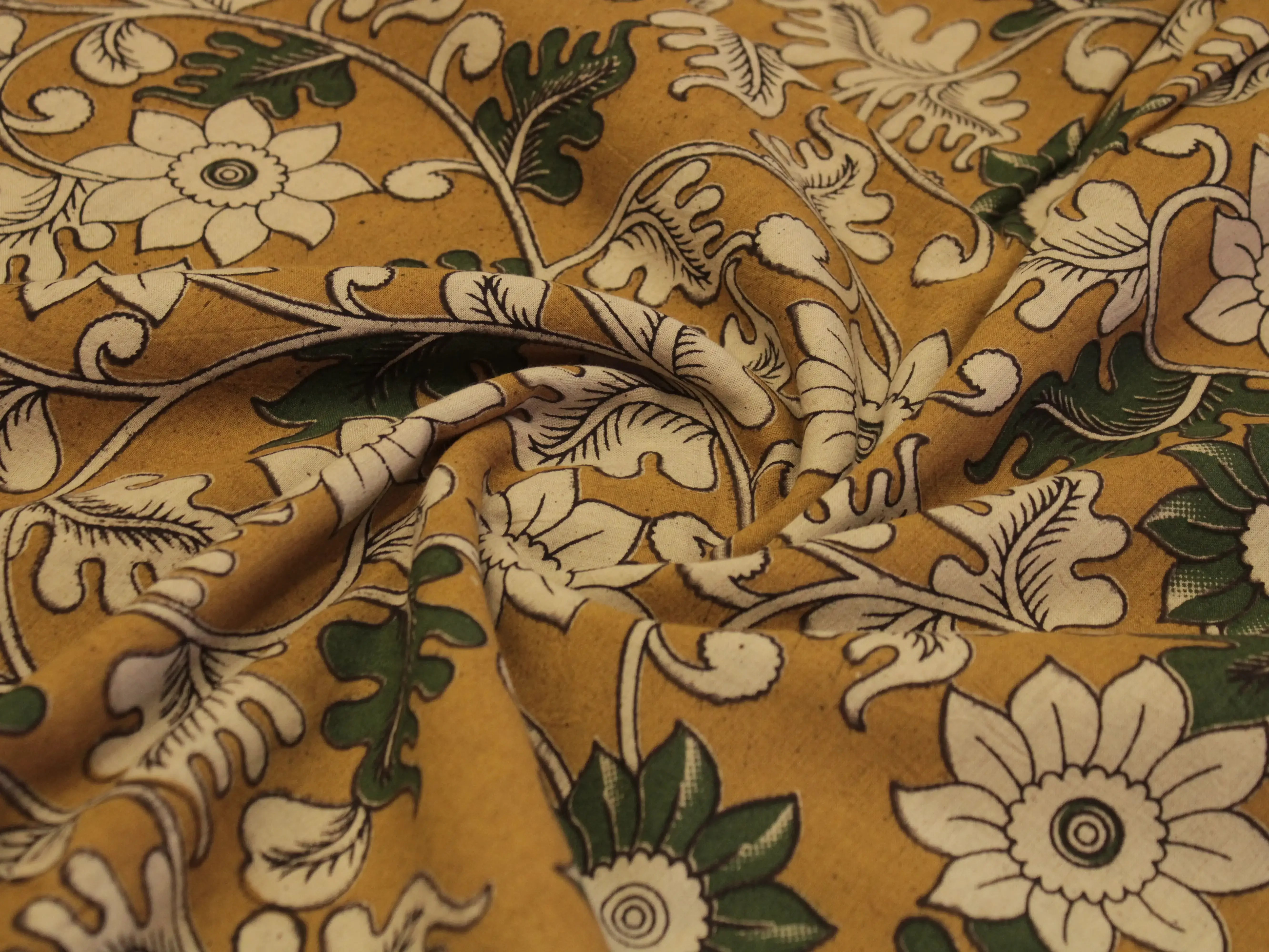 Premium Cotton Kalamkari Hand Block Print Fabric - Mustard - M'Foks