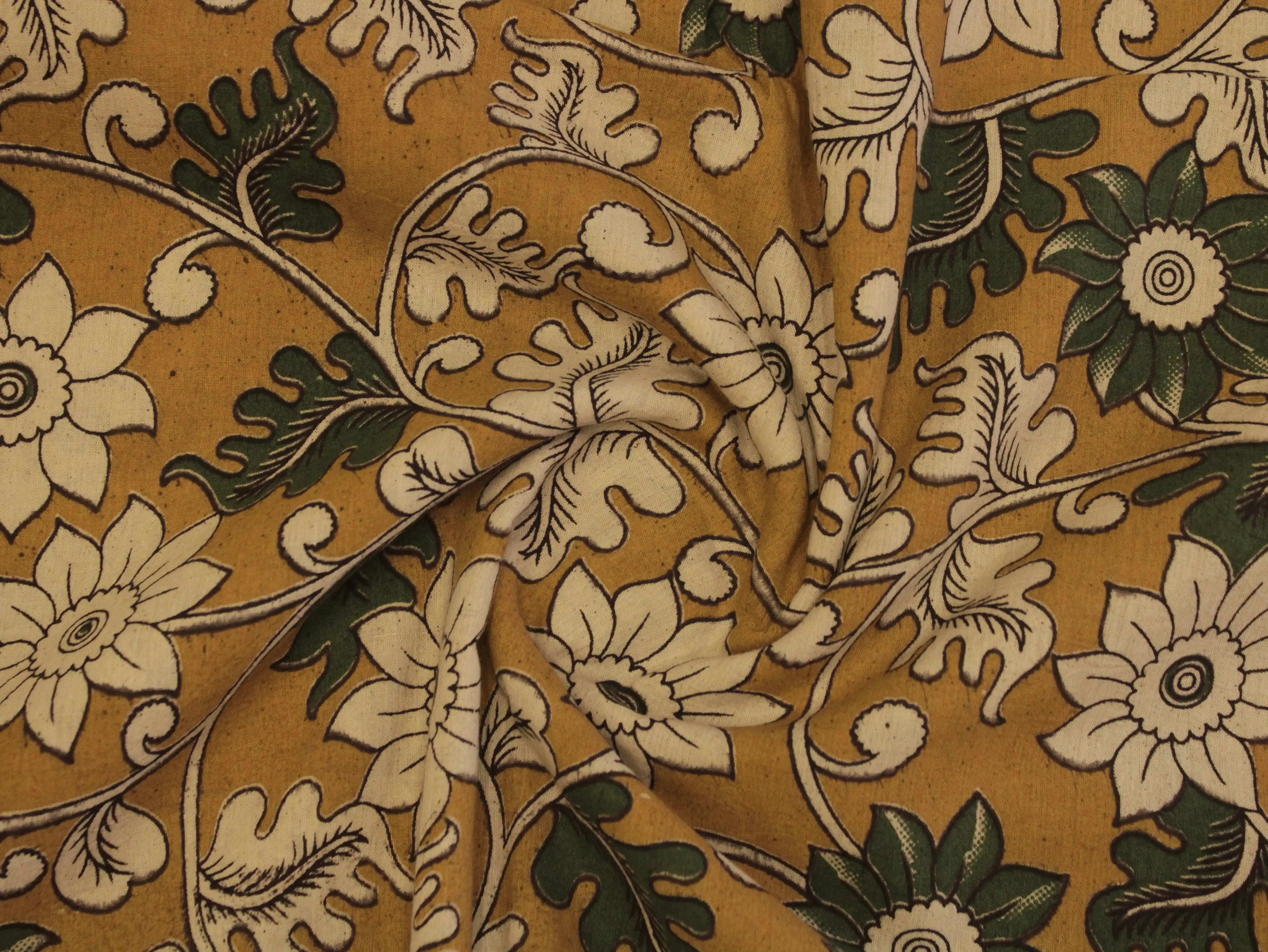 Premium Cotton Kalamkari Hand Block Print Fabric - Mustard - M'Foks