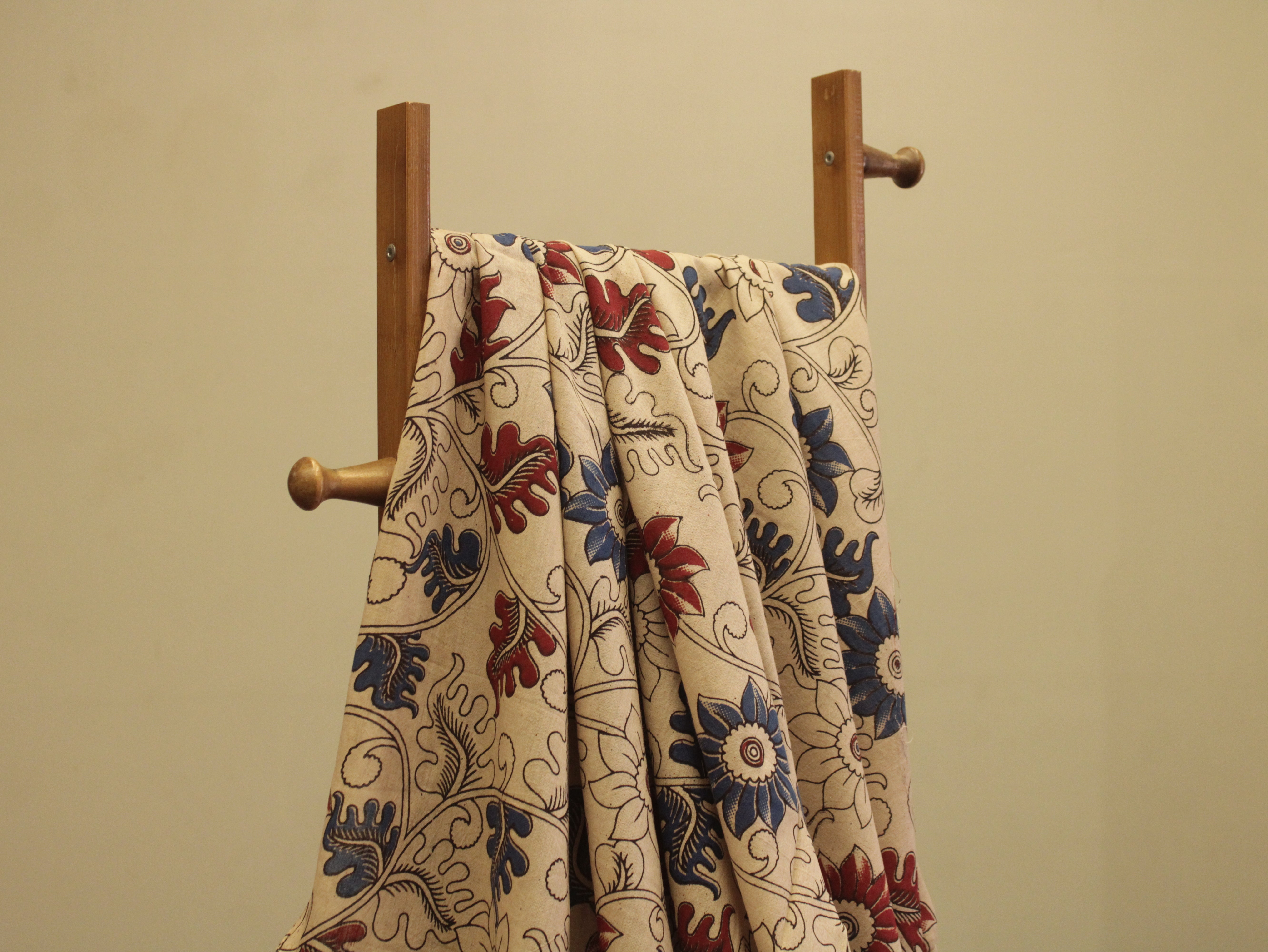 Premium Cotton Kalamkari Hand Block Print Fabric - Beige