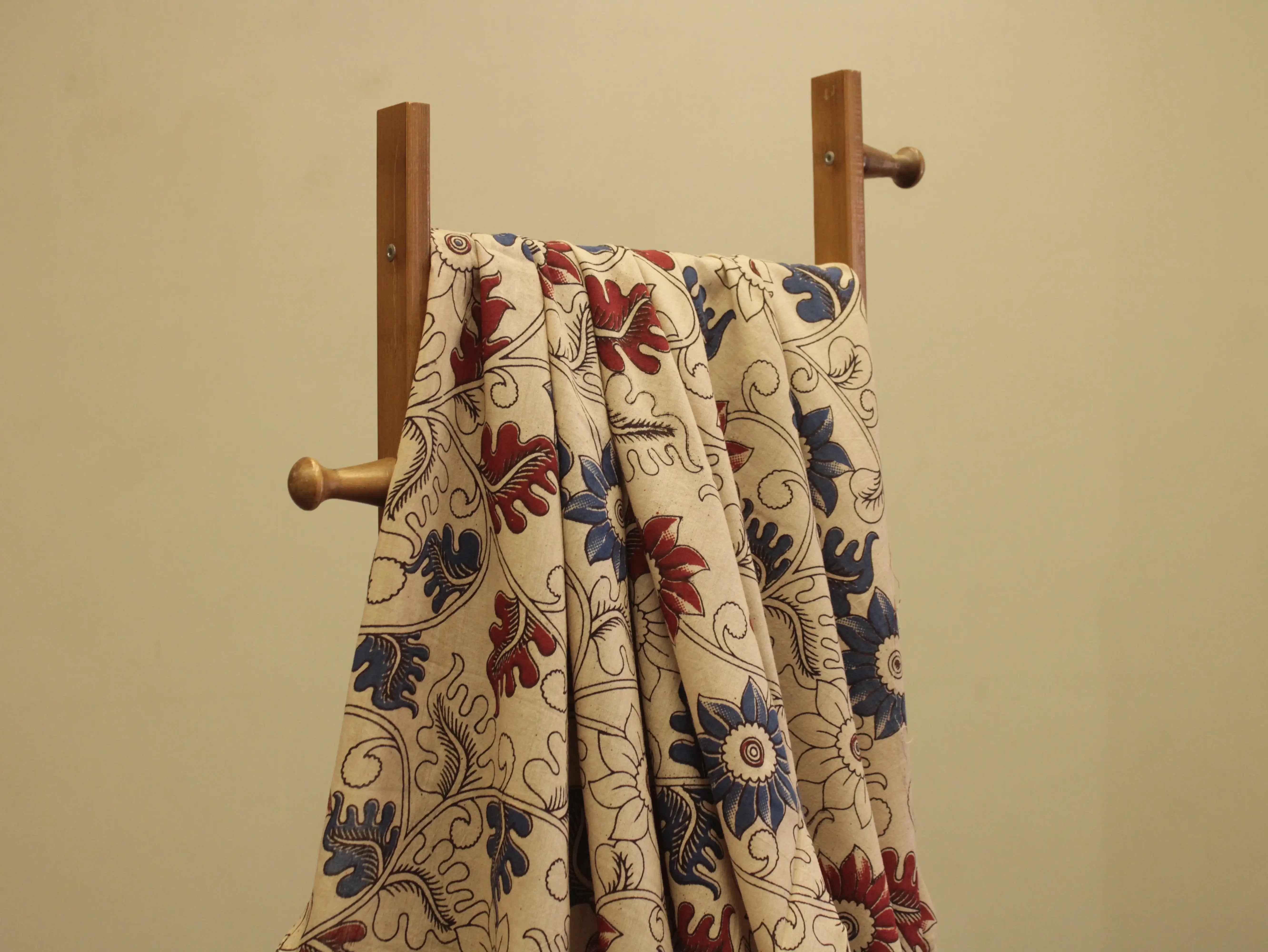 Premium Cotton Kalamkari Hand Block Print Fabric - Beige