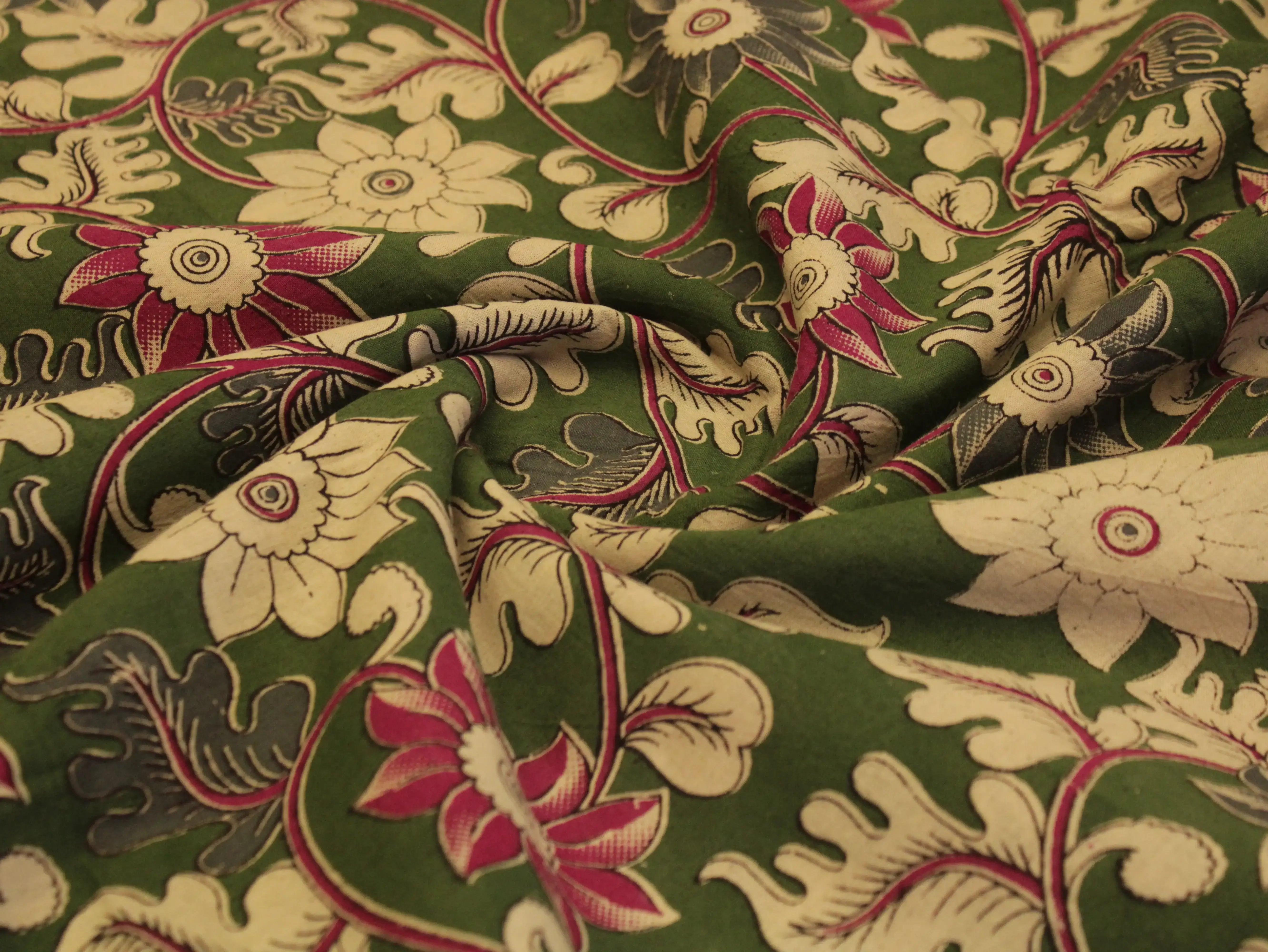 Premium Cotton Kalamkari Hand Block Print Fabric - Green - M'Foks