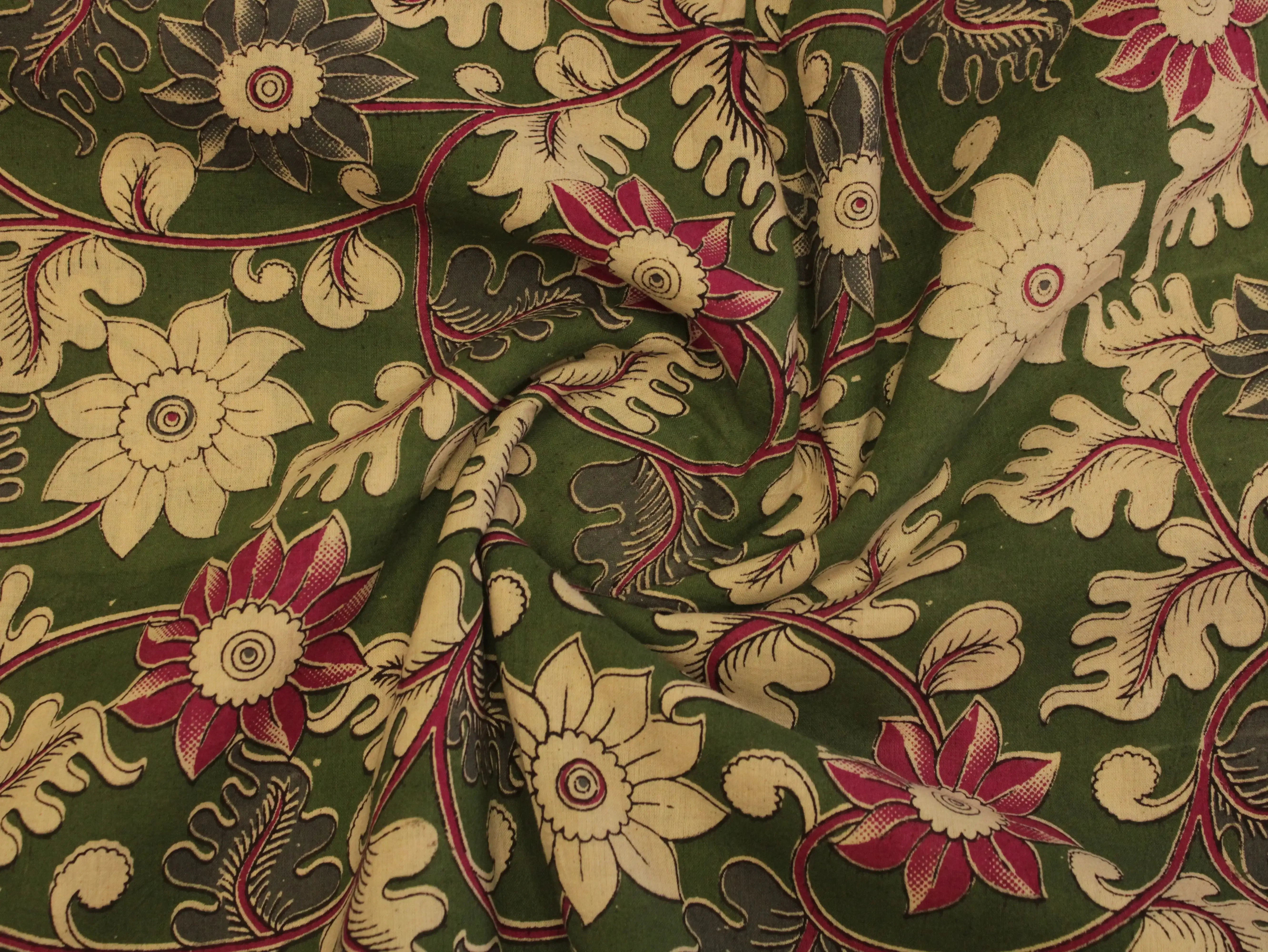 Premium Cotton Kalamkari Hand Block Print Fabric - Green - M'Foks