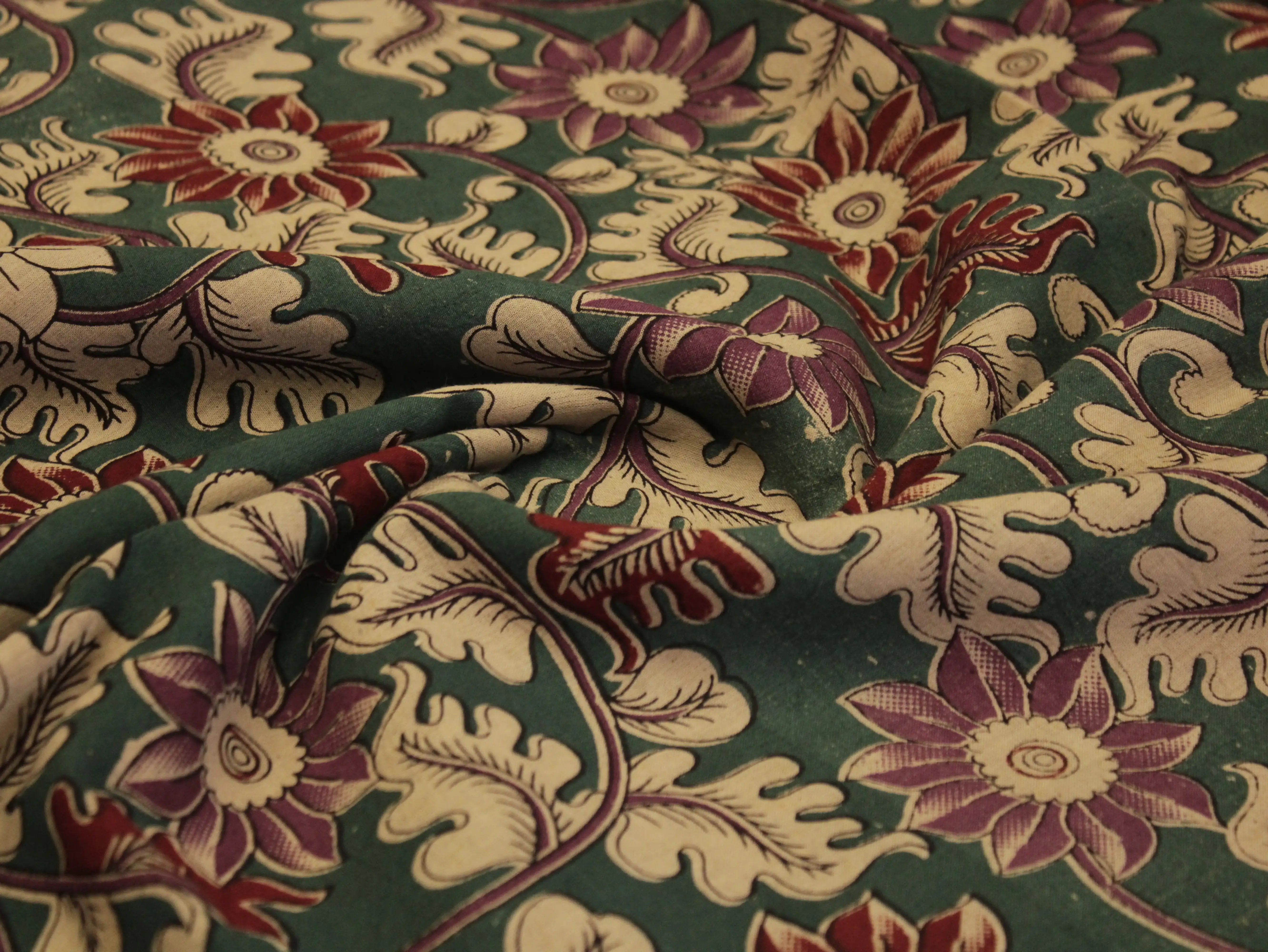 Premium Cotton Kalamkari Hand Block Print Fabric - Rama Green