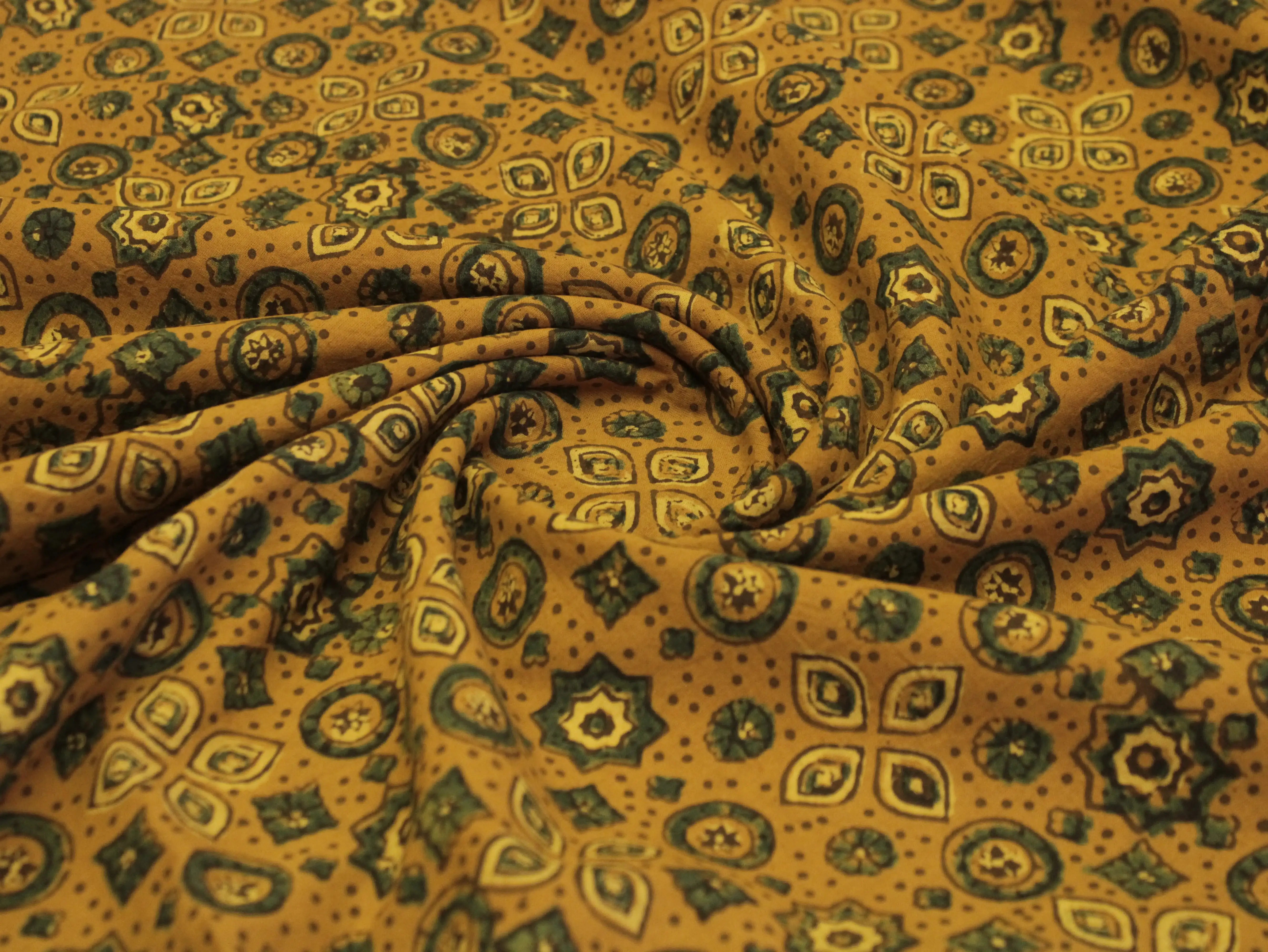 Premium Cotton Ajrakh Hand Block Print Fabric - Mustard
