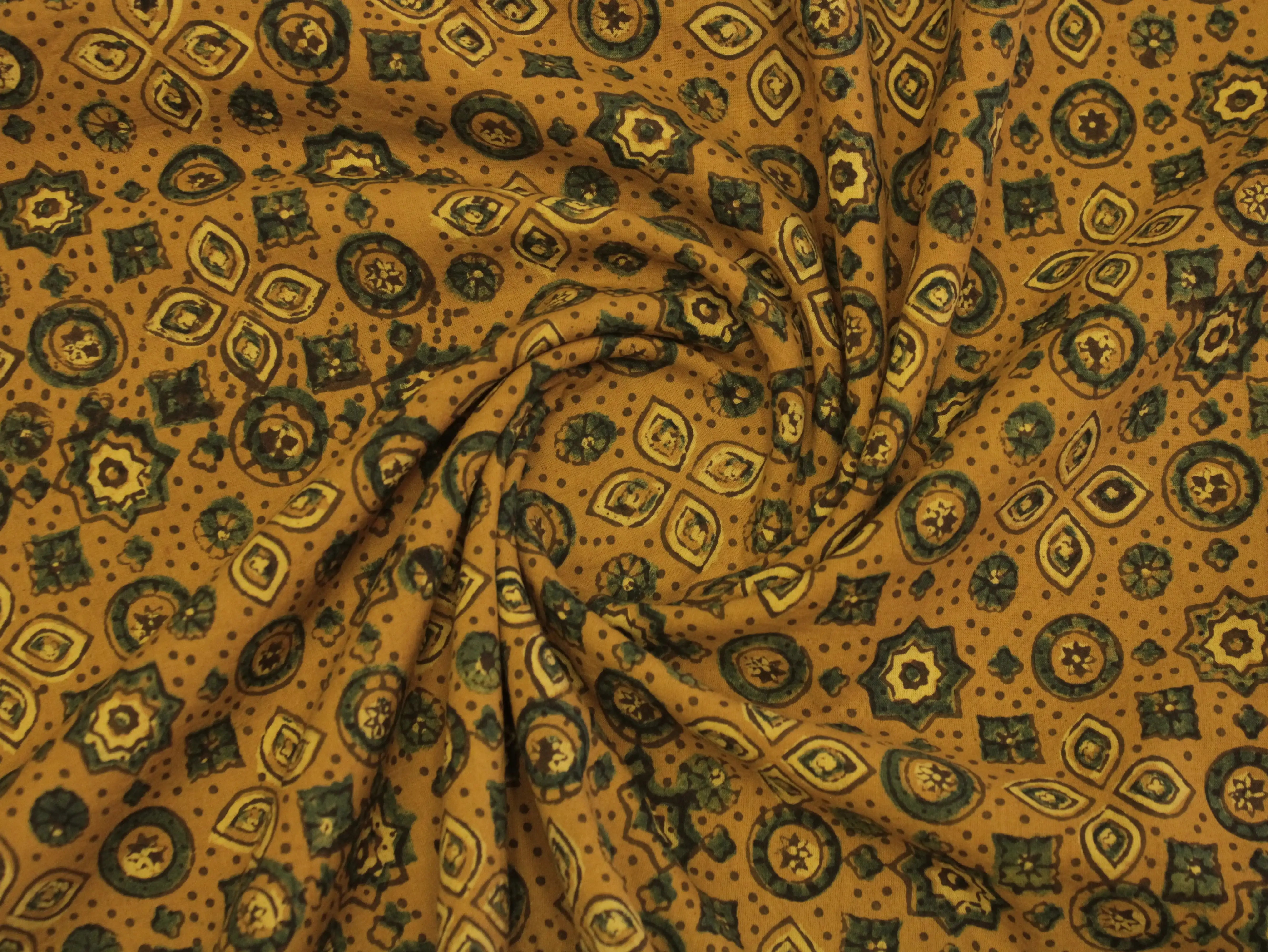 Premium Cotton Ajrakh Hand Block Print Fabric - Mustard