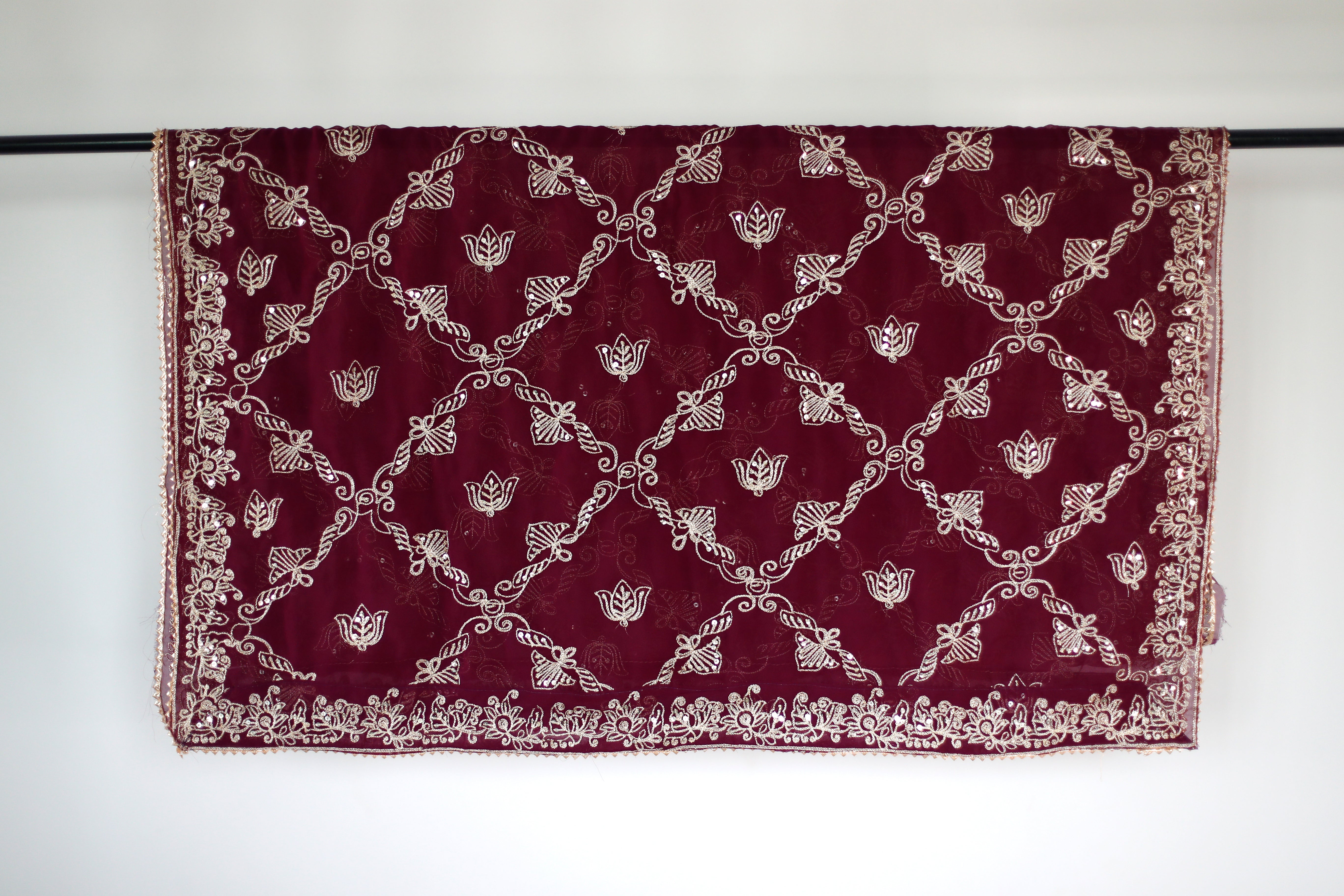 Fox Georgette Vintage Zari Work Dupatta - Wine