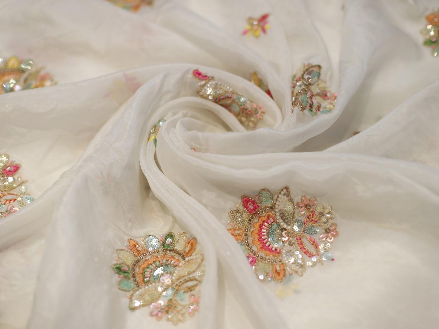 Glass Organza Dyeable Fabric with Thread & Beads Patch Motifs – Premium Finish