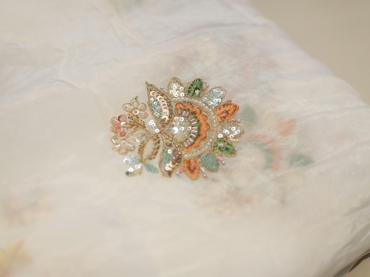 Glass Organza Dyeable Fabric with Thread & Beads Patch Motifs – Premium Finish