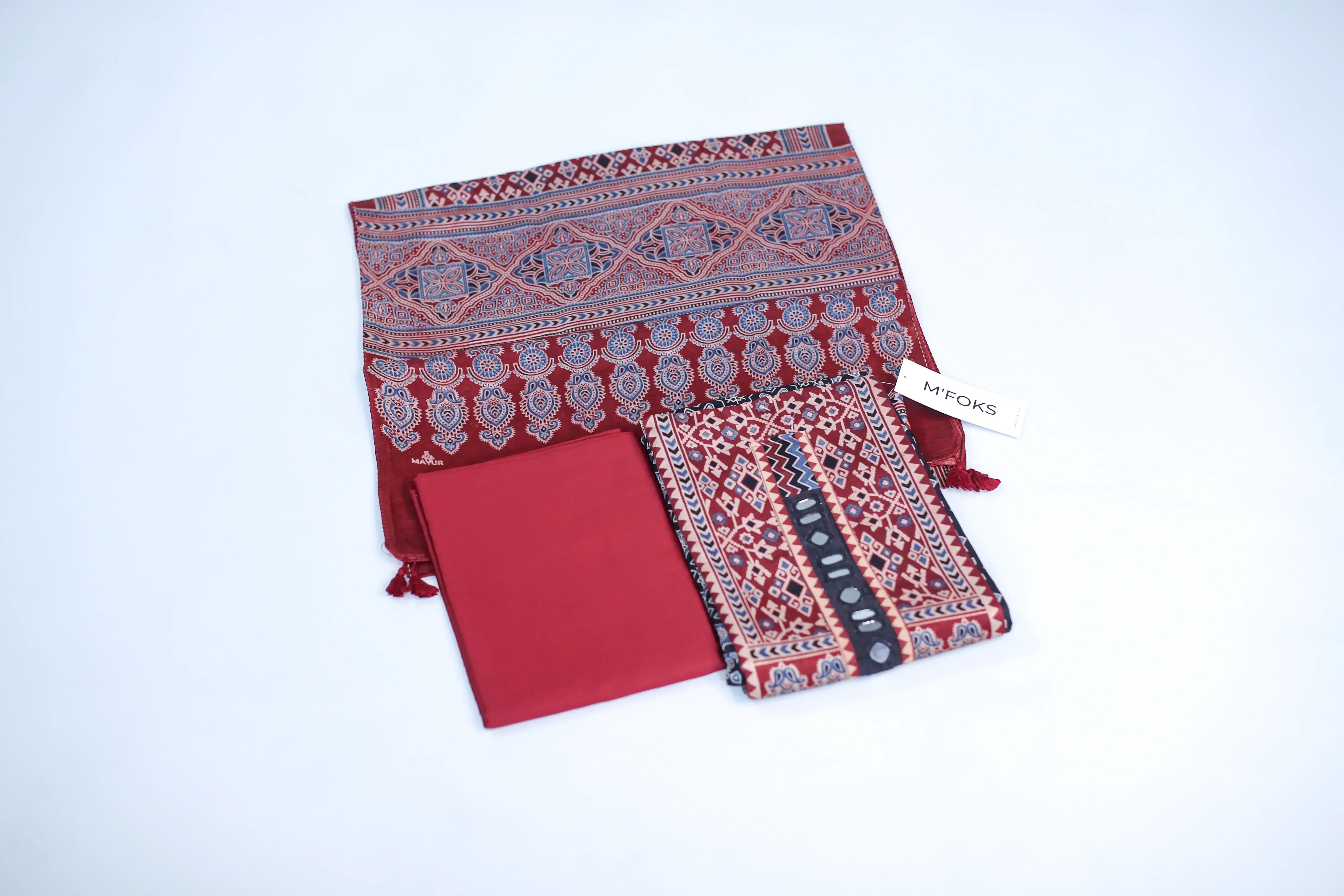 Premium Gaji Silk Unstitched Suit Set with Ajrakh Block Print - M'Foks