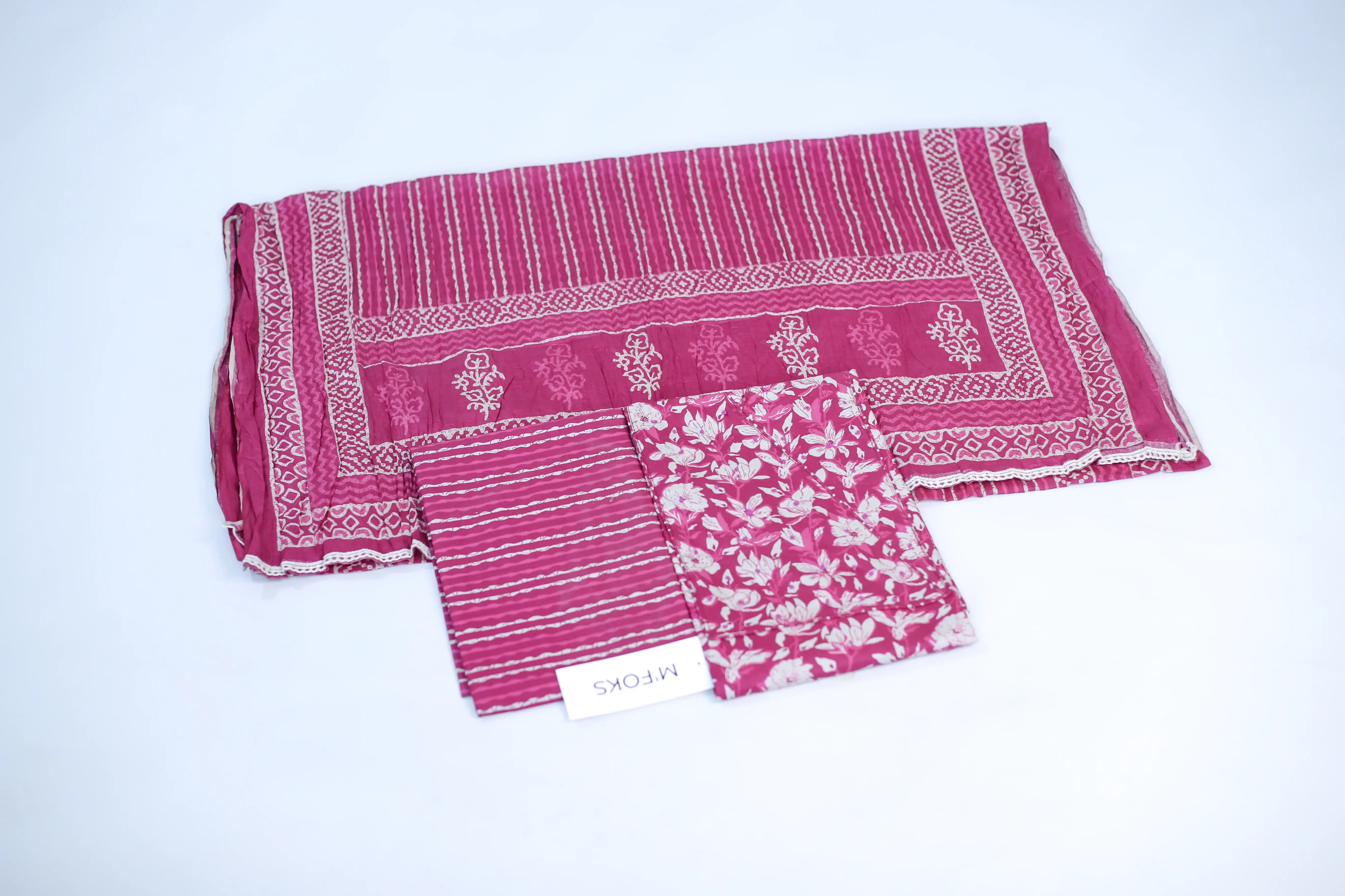 Pure Cotton Cambric Printed Unstitched Suit Set - Angrakha Neckline