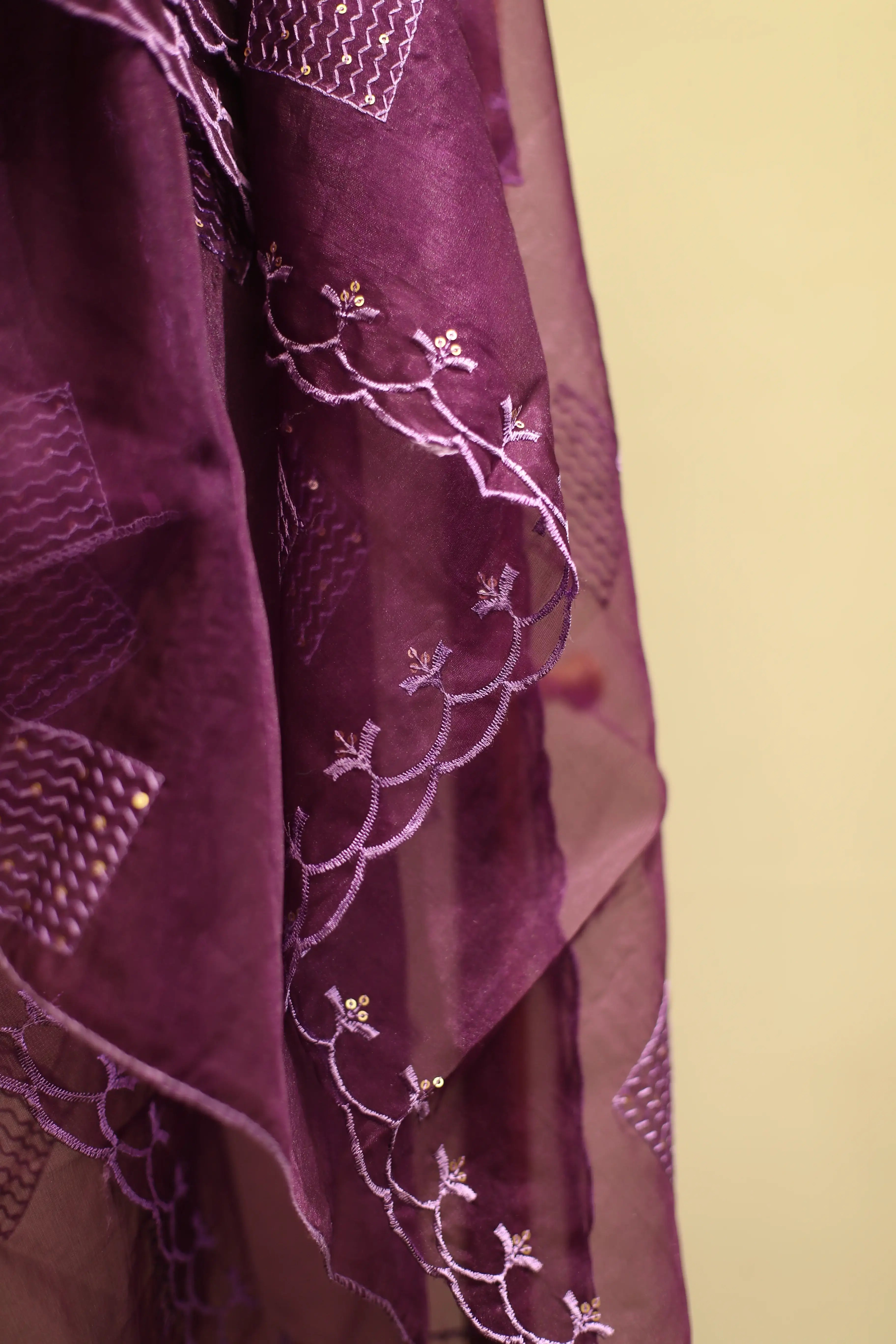 Organza Thread work Dupatta/ Stole - Purple - M'Foks