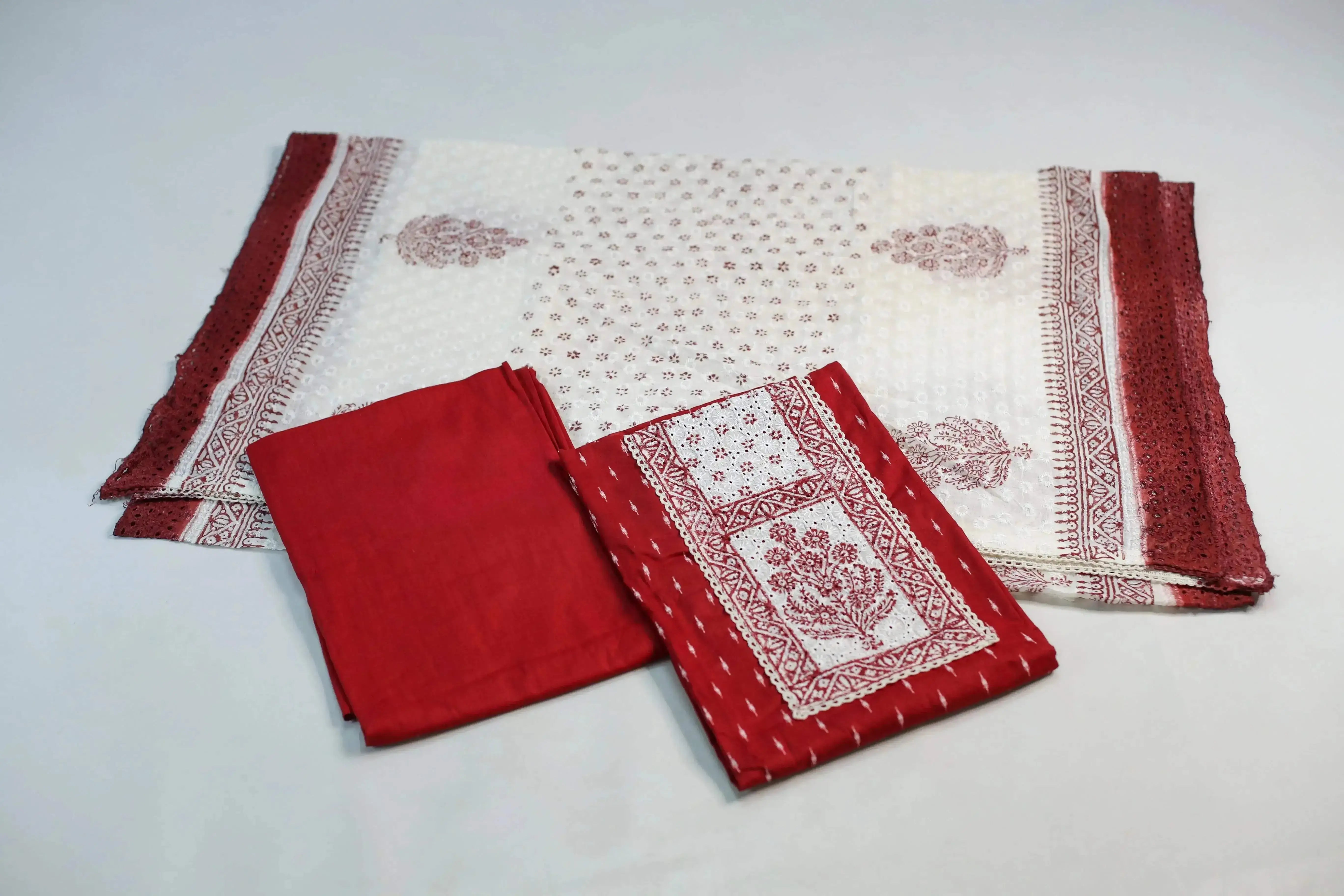 Cotton Woven Unstitched Suit With Lucknowi Dupatta - M'Foks