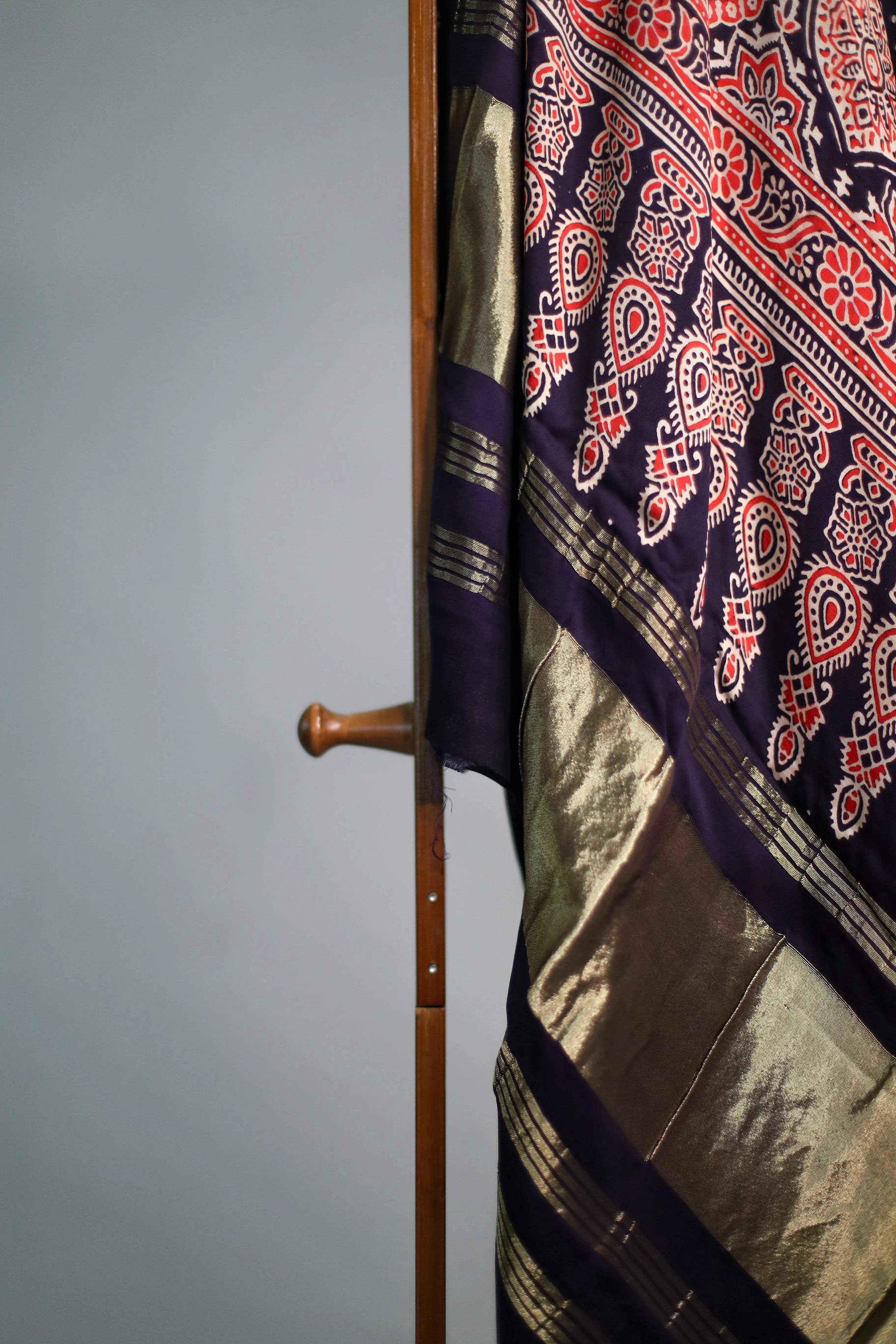 Pure Modal Silk Ajrakh Print Dupatta/Stole - Pure Indigo