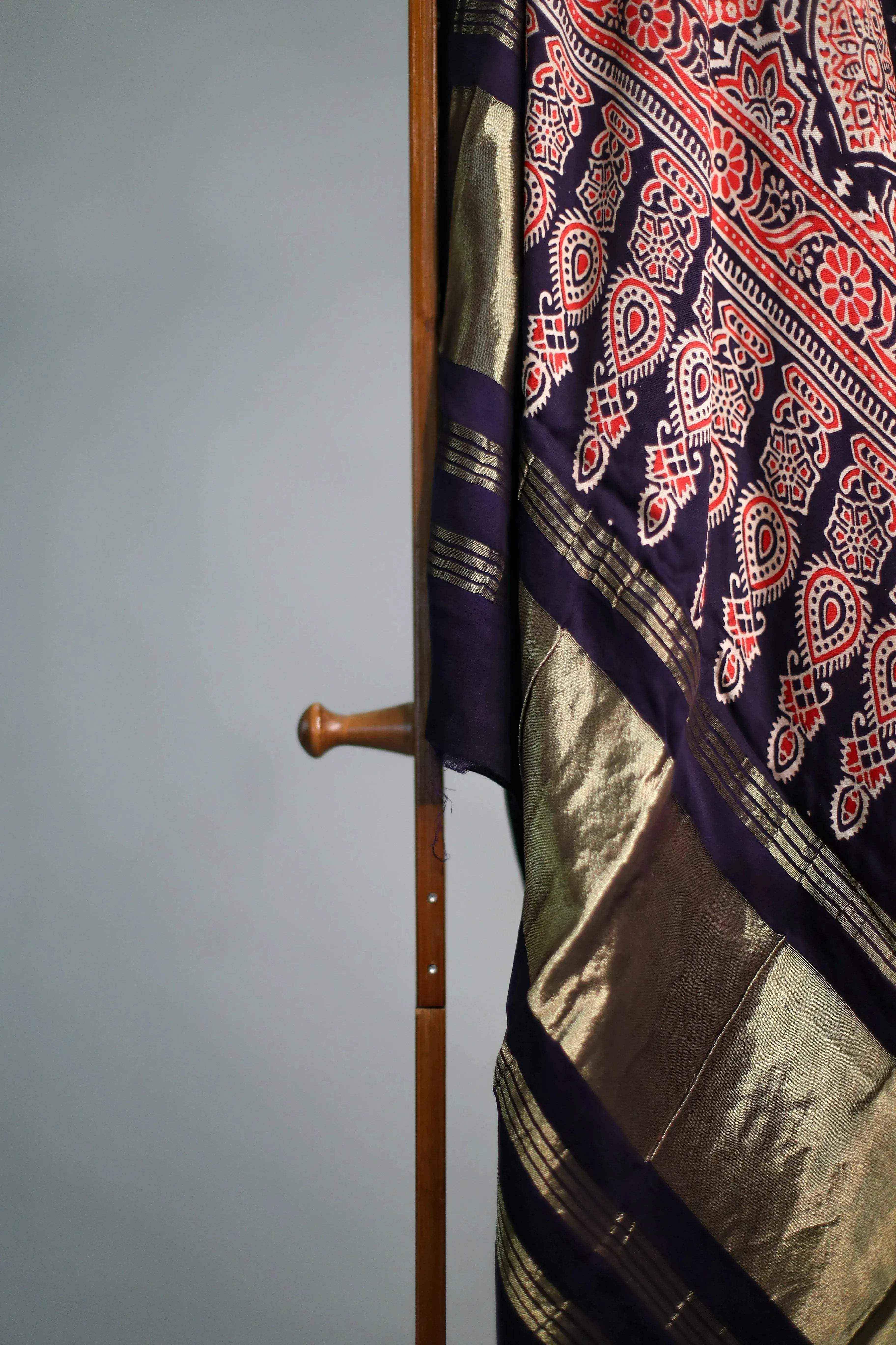 Pure Modal Silk Ajrakh Print Dupatta/Stole - Pure Indigo